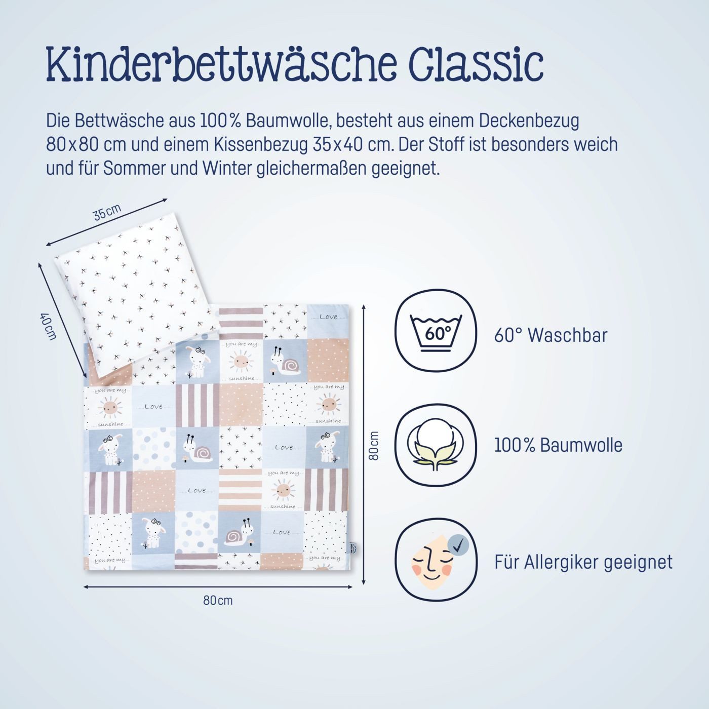 Babybettwäsche Patch blue Bettwäsche 80x80+35x40