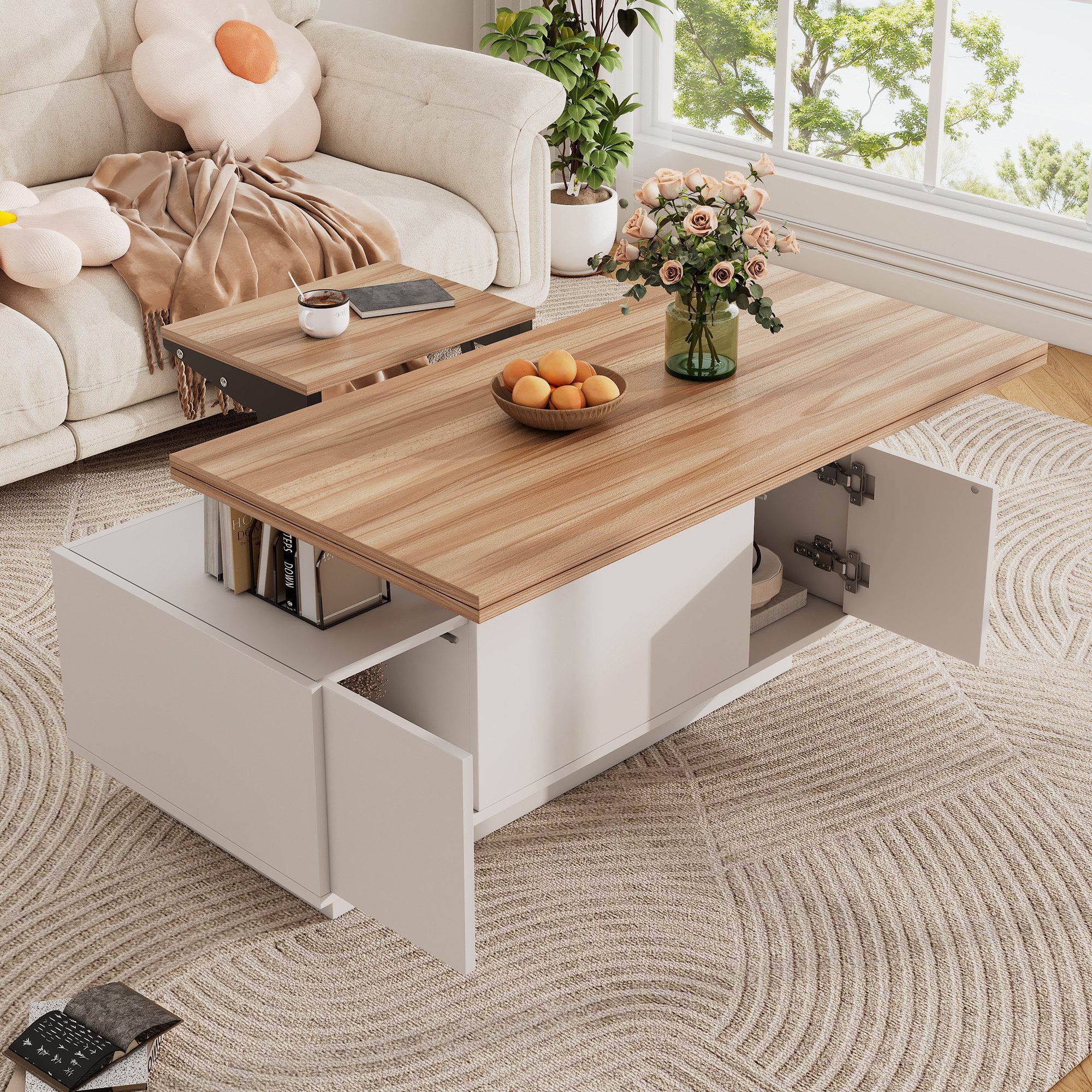 Merax Couchtisch Höhenverstellbarer Kaffeetisch mit Verstecktem Stauraum und Ablage (1-St., 100x50x43cm), Ausziehbarer Wohnzimmertisch Sofatisch für Wohnzimmer