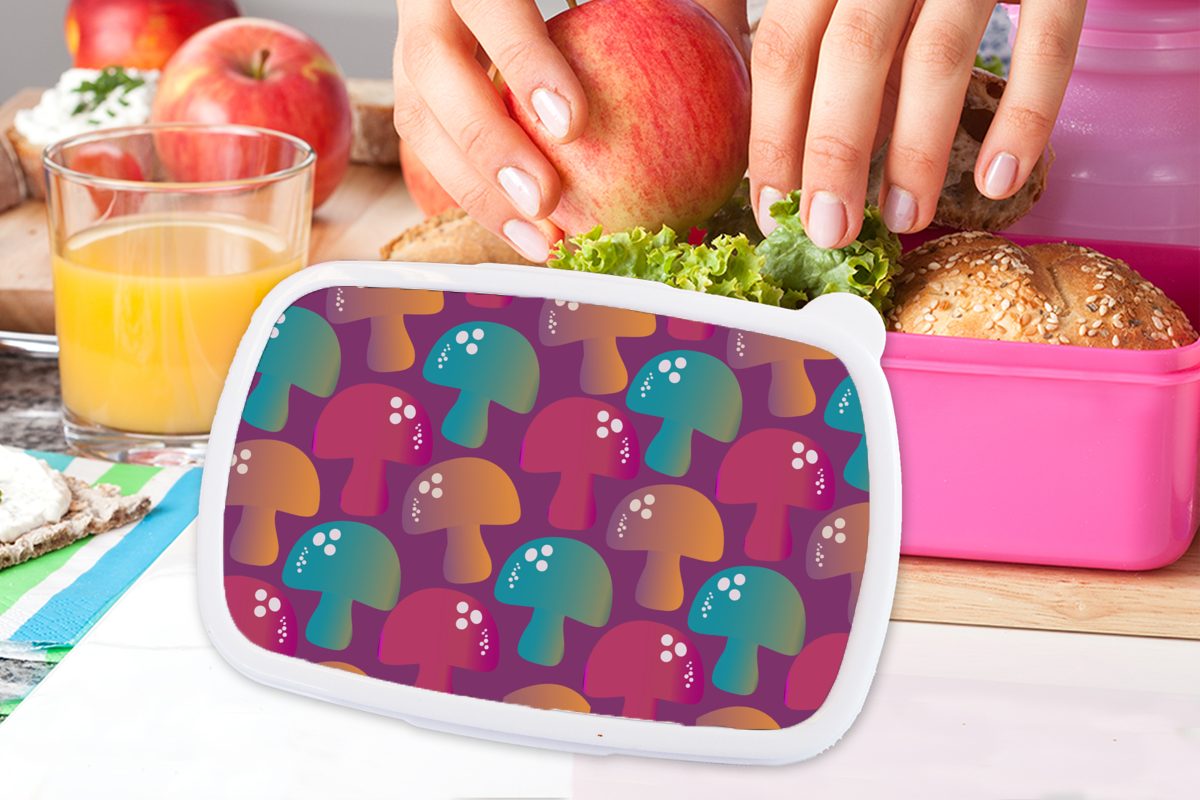 Muster Snackbox, MuchoWow für Kunststoff, Kinder, Brotdose Lunchbox Mädchen, Regenbogen, rosa - Pilz Kunststoff Brotbox - (2-tlg), Erwachsene,