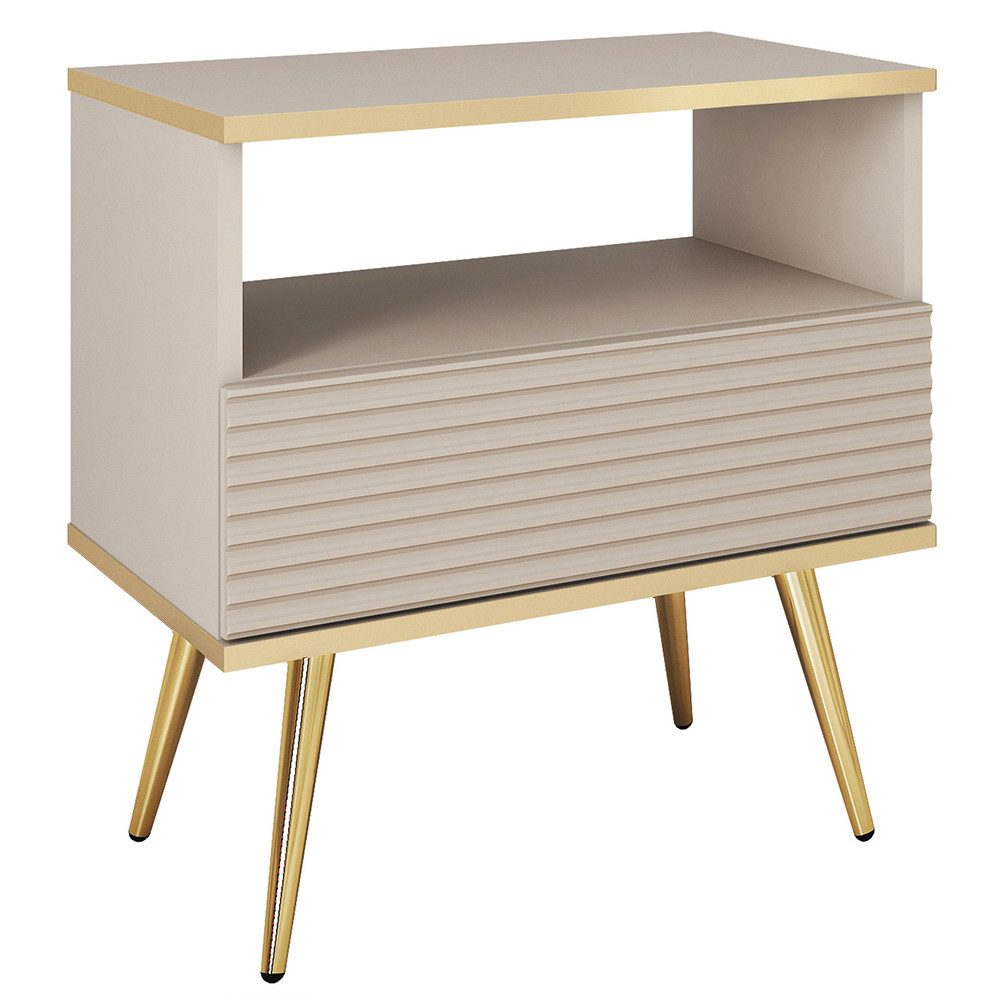 Lomadox Nachtschrank OLOVO-160 Beige, goldfarbenen Details, Rillenfront, Metallbeine in Goldfarben