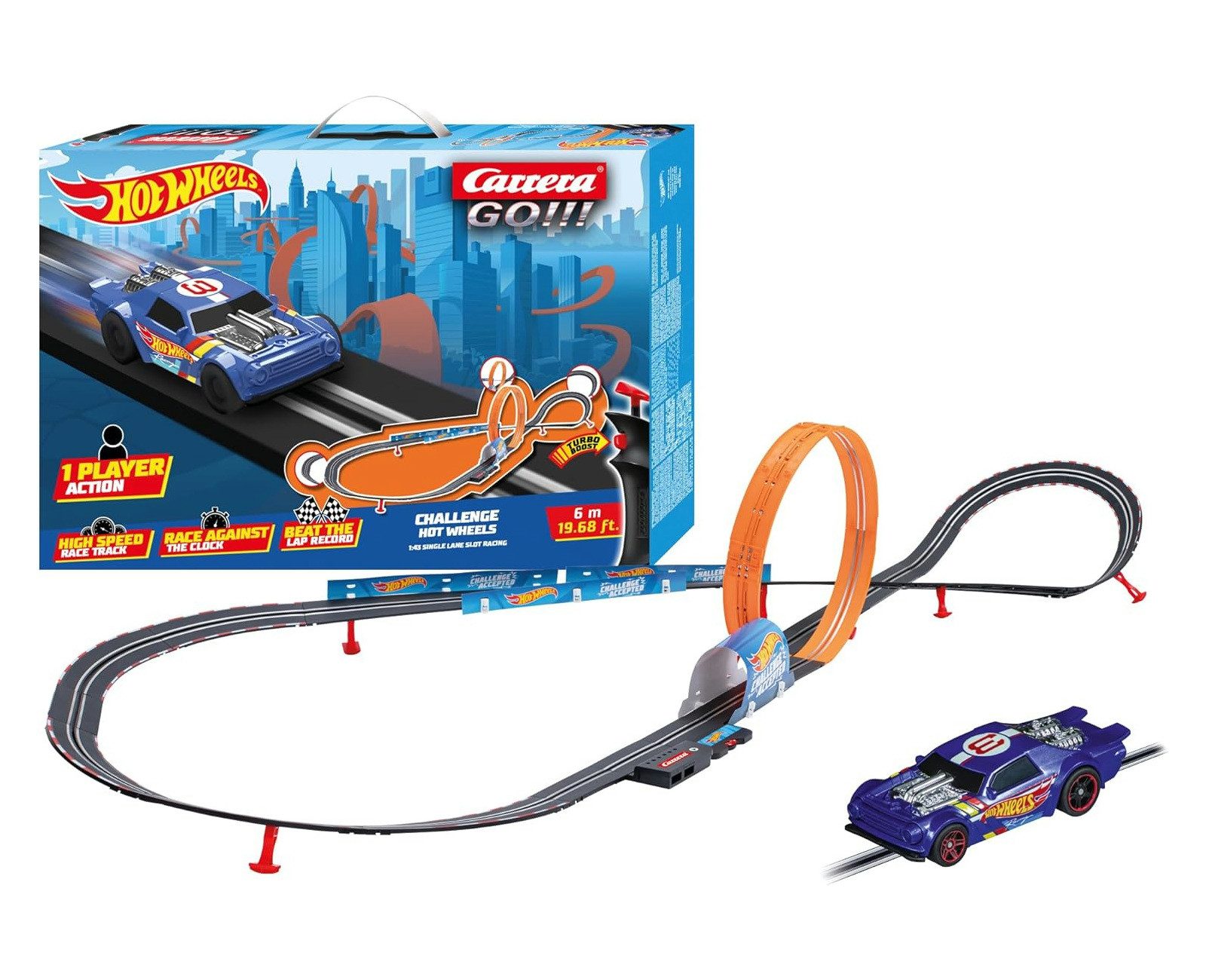 Carrera® Autorennbahn Challenge Hot Wheels Rennbahn Autorennen 2x Slotcars ab 6 (Streckenlänge 4.9 m), (Set), inkl. 2 Spielzeugautos