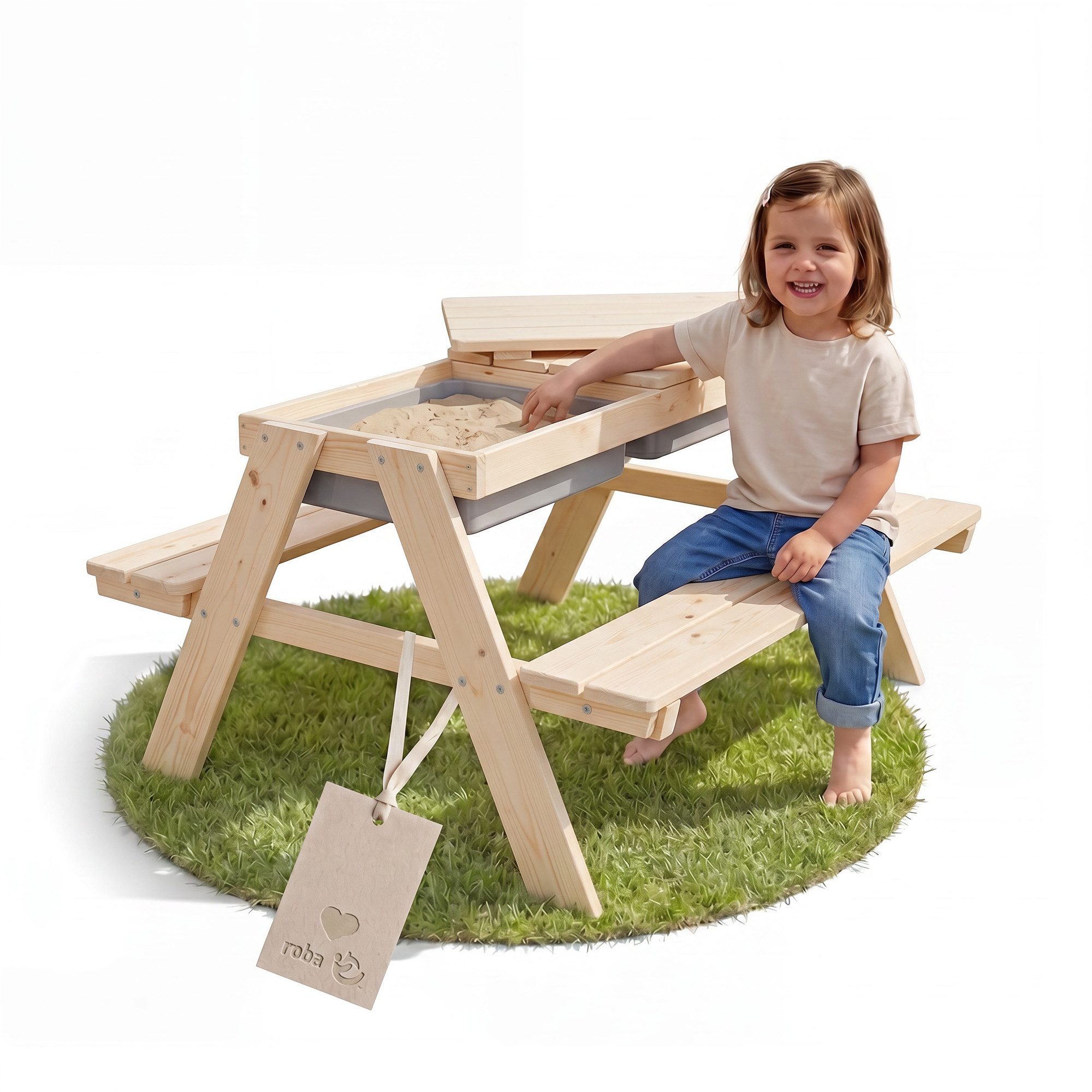 roba® Garten-Kindersitzgruppe Outdoor+ für Draußen - Garten Spielzeug, mit Spielwannen, Massivholz, Sitzgarnitur & Matschtisch