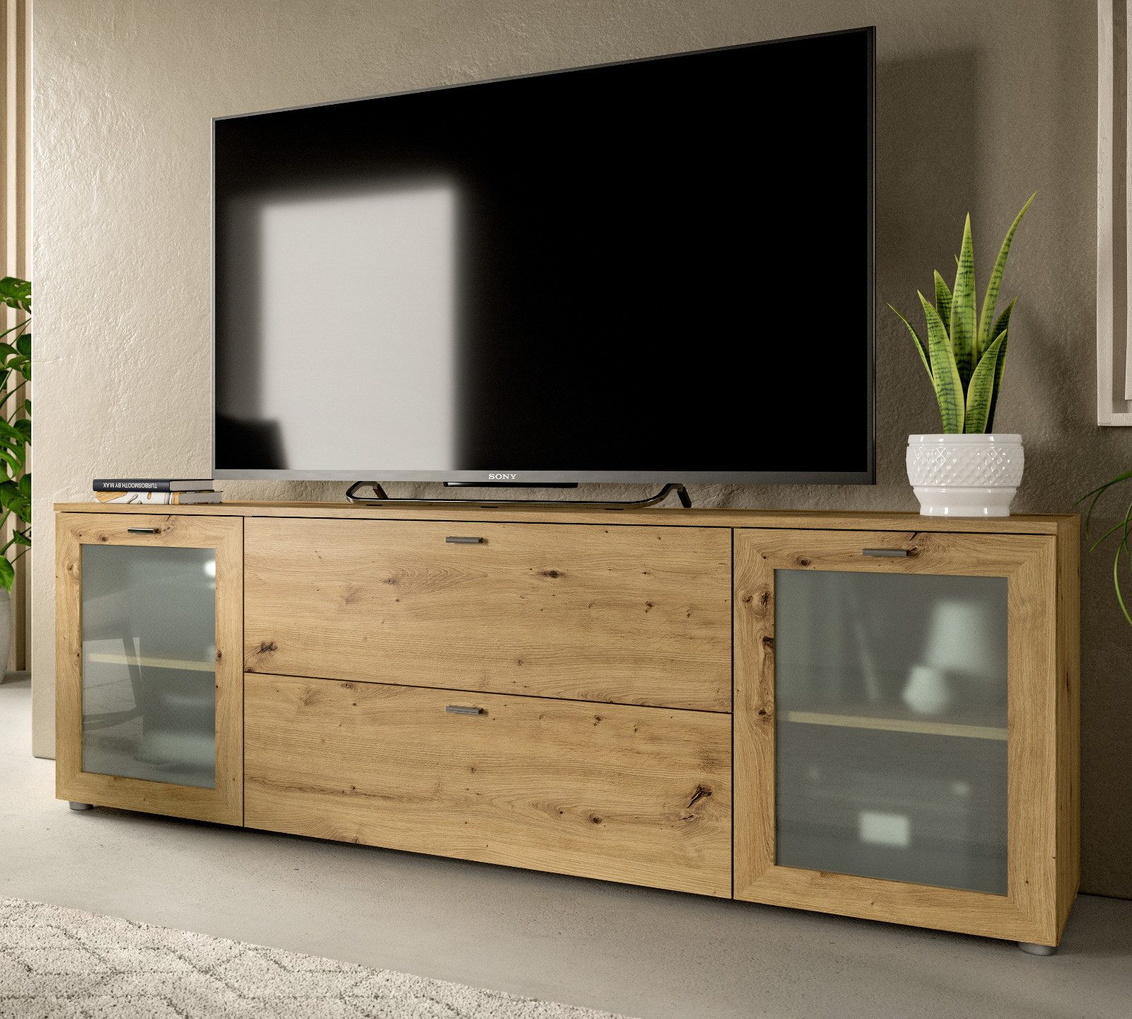 Inn.Furn Lowboard Dante (TV Unterschrank in Artisan Eiche Dekor, 180 x 62 cm), viel Stauraum und Komforthöhe