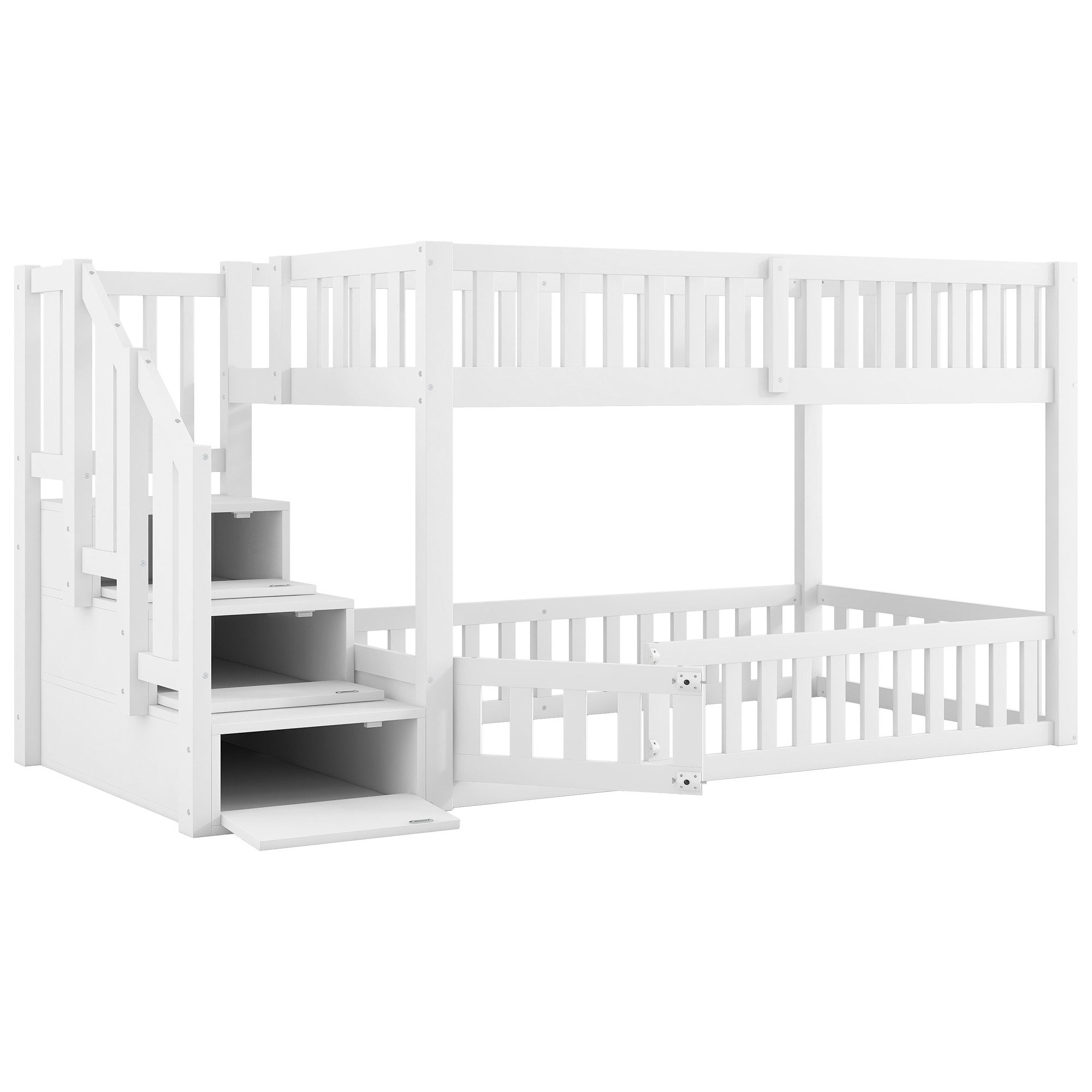 HAUSS SPOLE Bunk Bed 90x200 with Safety Rail, Wooden Bed Youth Bed with Storage Stairs (Children's and Youth Bed Made of Solid Wood, with Railing & Door, for Children's Rooms, Guest Rooms & Small Rooms, White, 1-pc., 90x200cm), with Storage Space