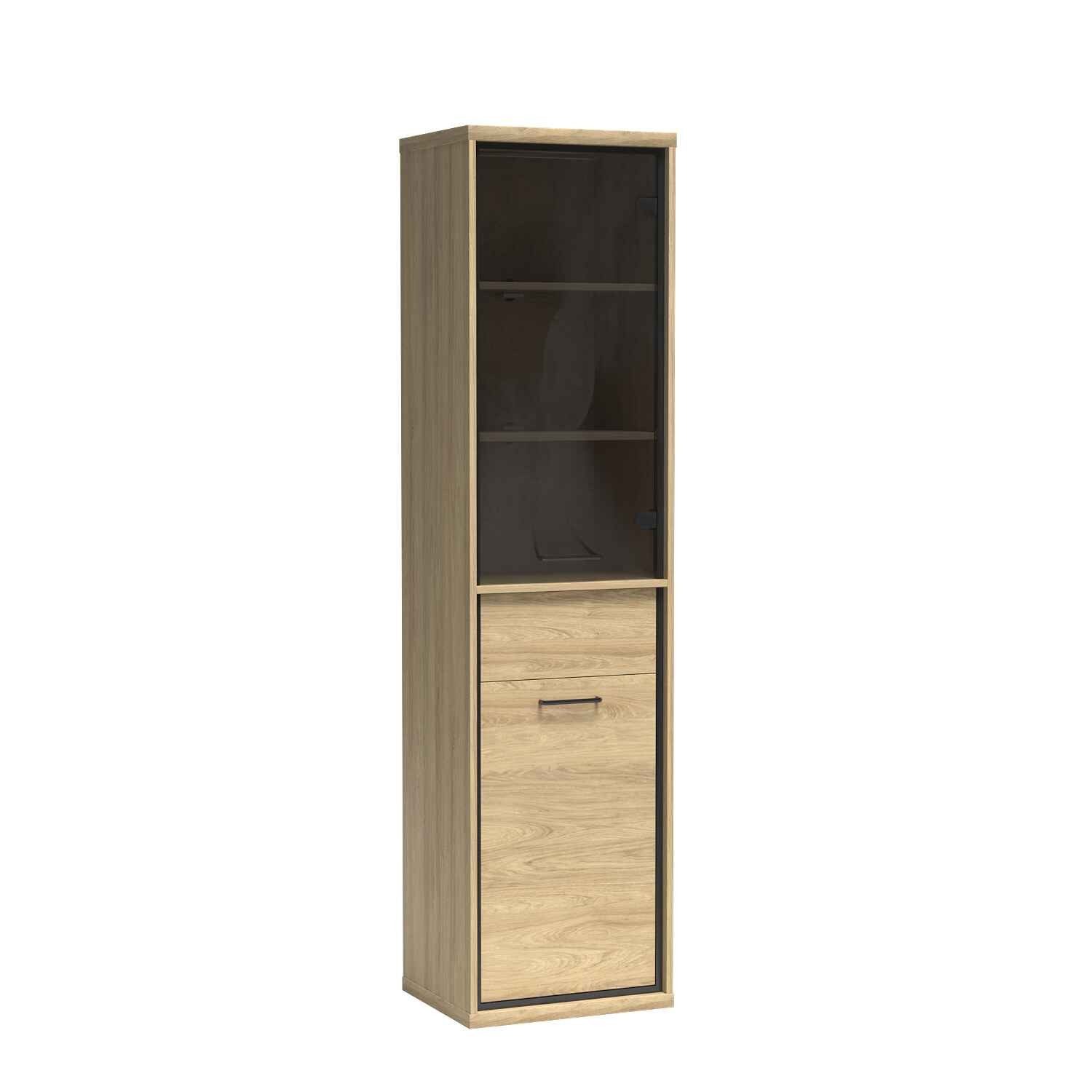 Masseno Glasvitrine SYNDRA 197 x 49,5 cm Vitrine Vitrinenschrank mit 1 Türen Eichefarben