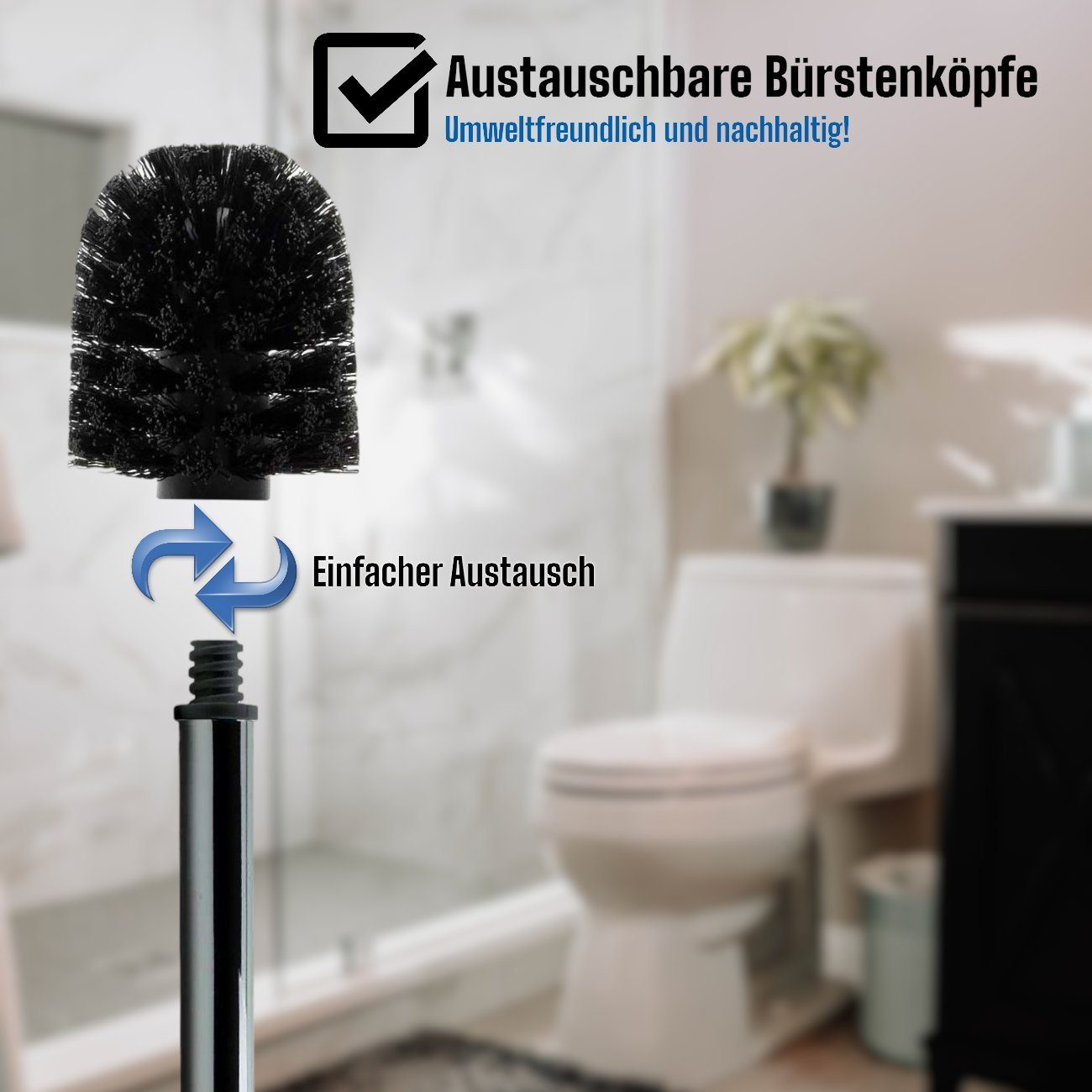 Daloual WC-Reinigungsbürste Ersatzbürstenköpfe Ø 6,5 cm inklusive Edelstahlgriff, Badezimmer, Gäste-WC, (Vorteils-Set, 4-tlg), Auswechselbarer Bürstenkopf, hochwertige Borsten, rostfrei, Edelstahl