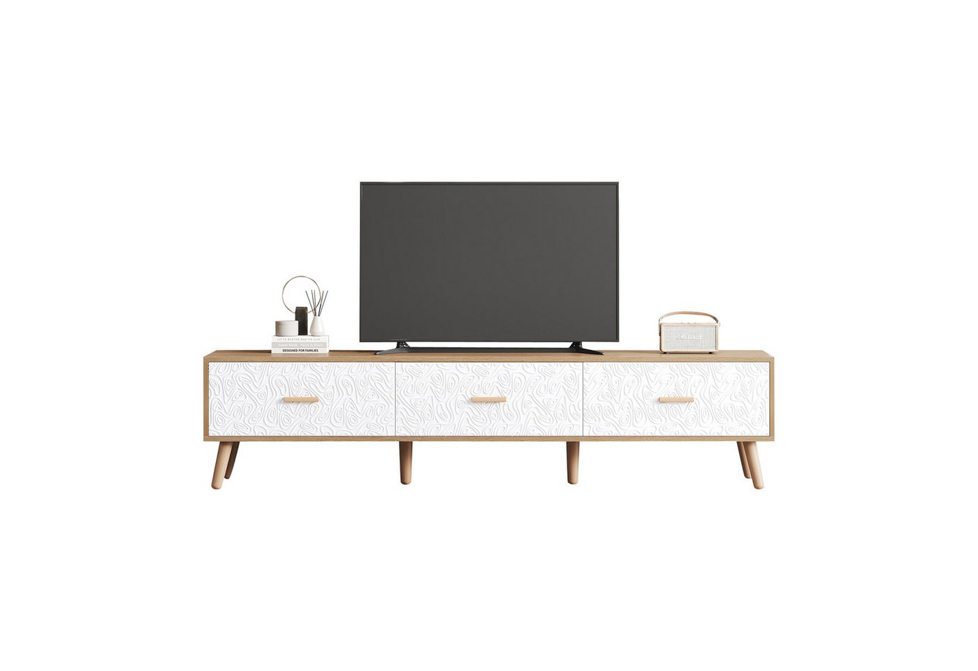 Odikalo TV-Schrank TV Tisch helles Holz, Vintage Grain weiße Türverkleidung, 150*35*39cm