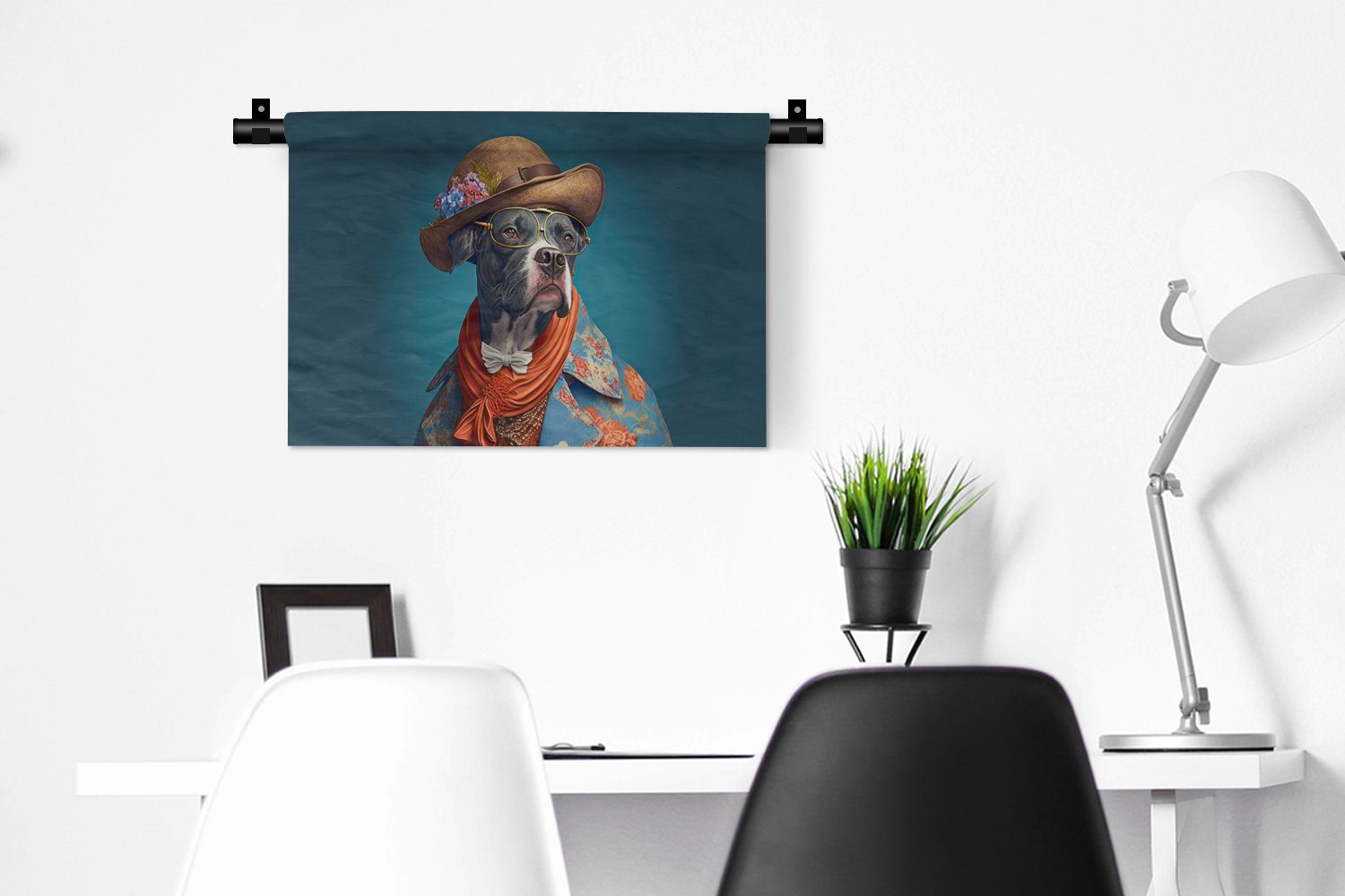 - Hund Blumen Blau, Hut - - Wohnzimmer, - Wandbehang, Kinderzimmer Wanddeko Jacke Kleid, für MuchoWow Schlafzimmer, Wanddekoobjekt