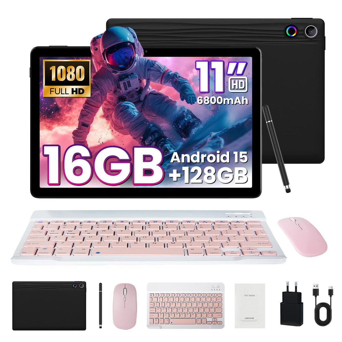 BUFO 11 Zoll Octa-Core 16(4+12)GB+128GB 1280x800 IPS HD 6800mAh WiFi 6 Tablet (11", 128 GB, Android, 2,4G/5G WiFi, 2,4G/5G WiFi, WidevineL1, mit Stift/Maus/Tastatur)