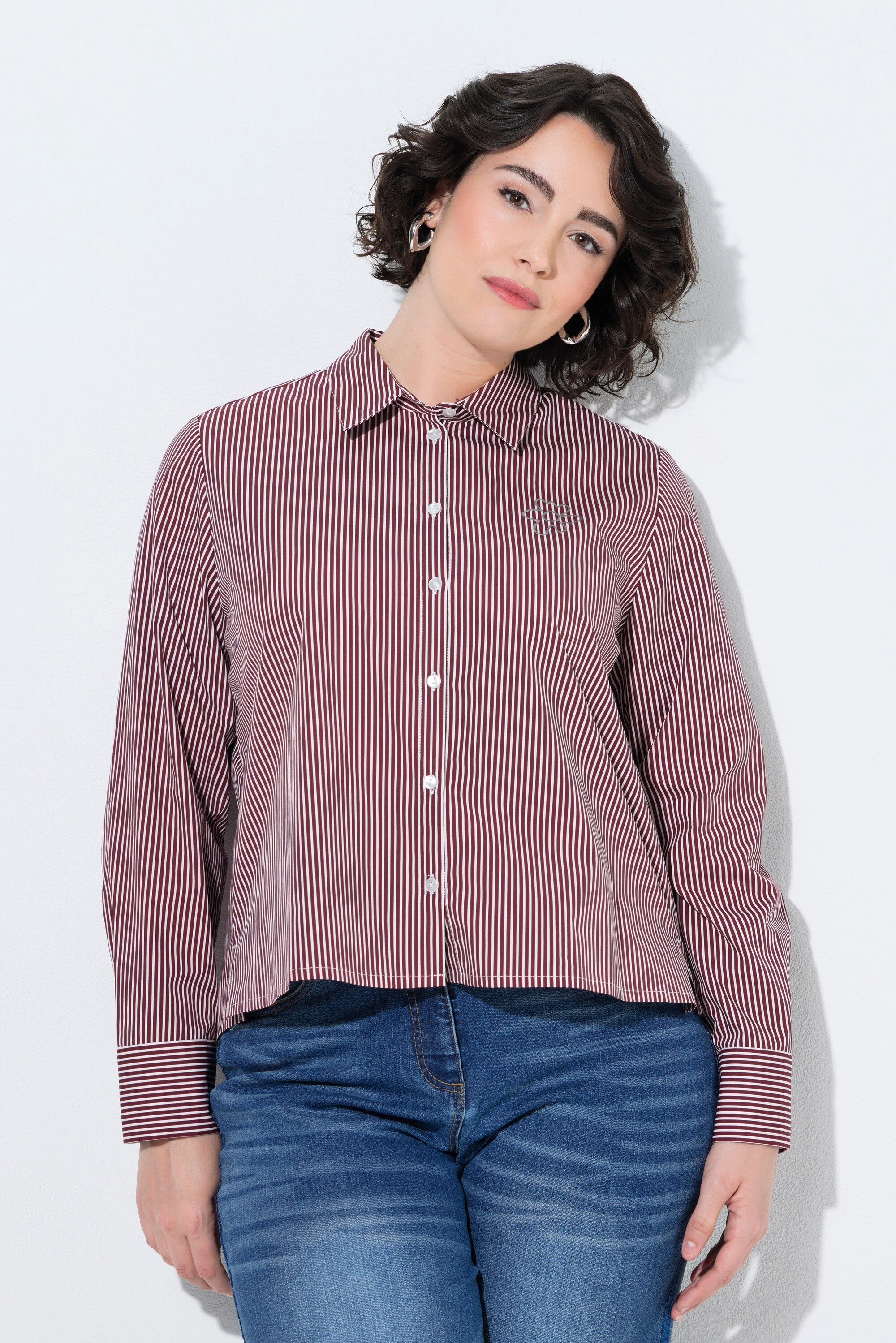 Ulla Popken Hemdbluse Hemdbluse Streifen Motivdruck Hemdkragen Langarm