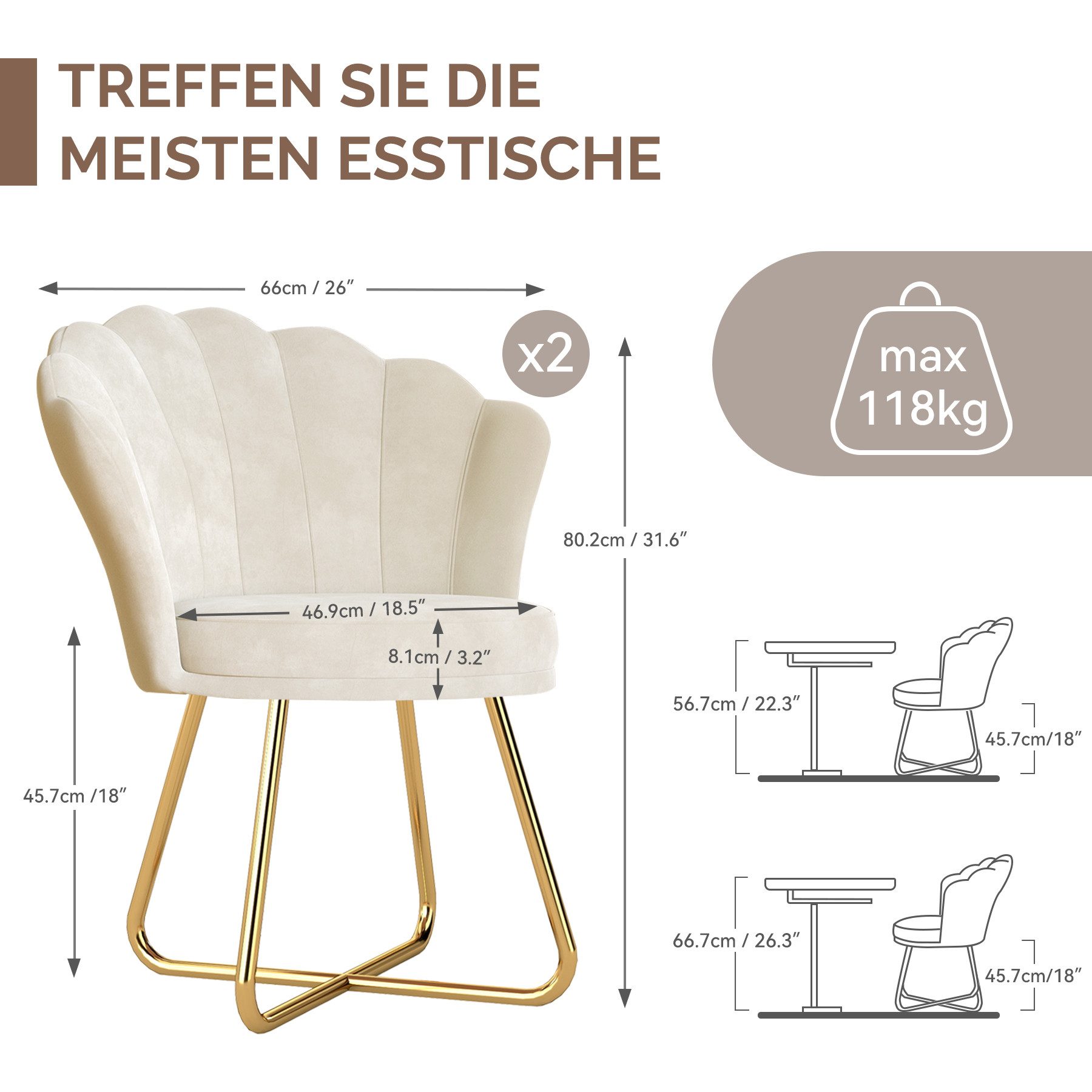 HawthyHome Polsterstuhl Polstersessel mit Blütenblatt-Rückenlehne & Goldene Metallbeine (1 St), ideal für Esszimmer & Schminktisch