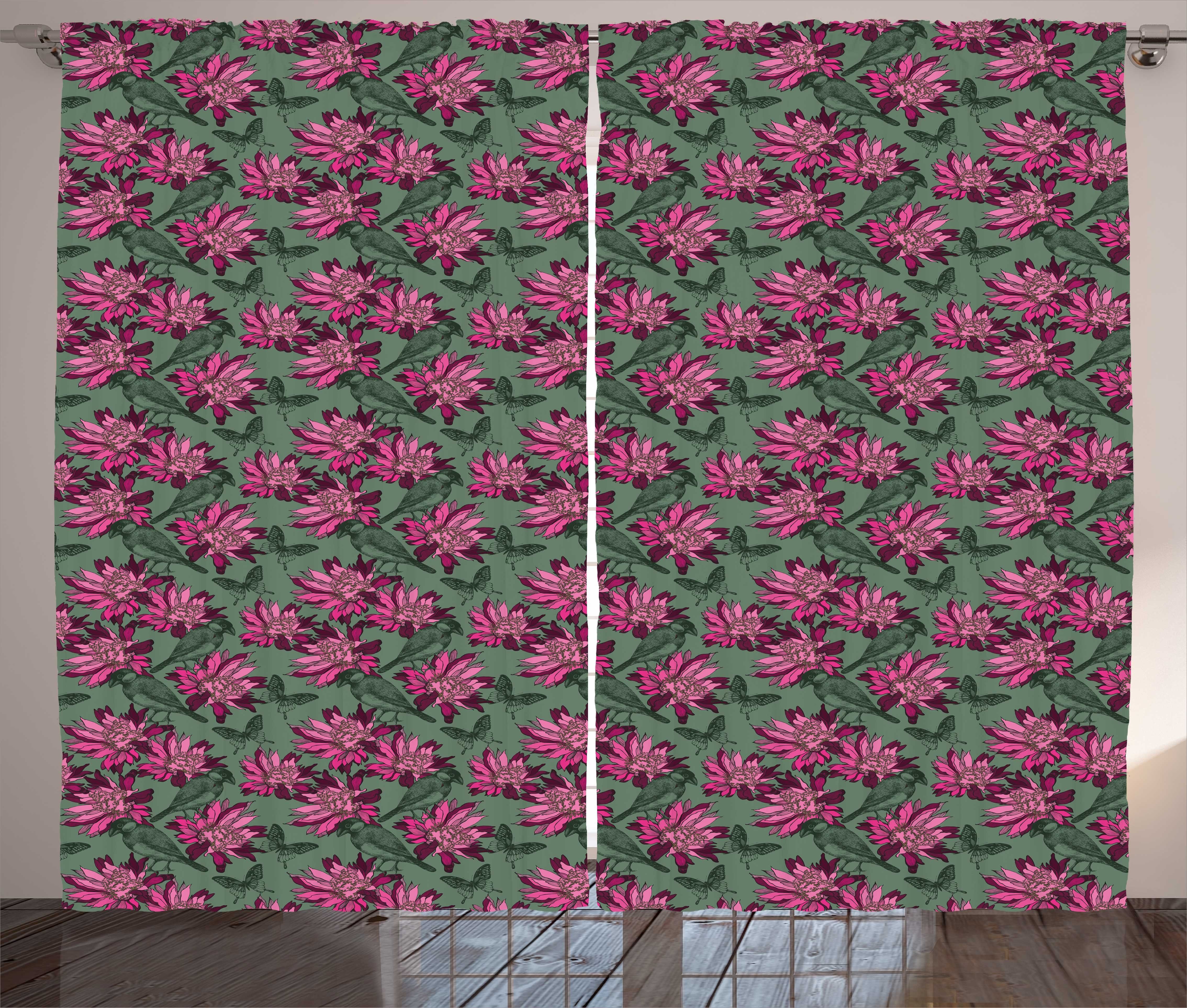 Gardine Schlafzimmer Kräuselband Vorhang mit Schlaufen und Haken, Abakuhaus, Blumen Vögel Sketch-Blumen-Kunst