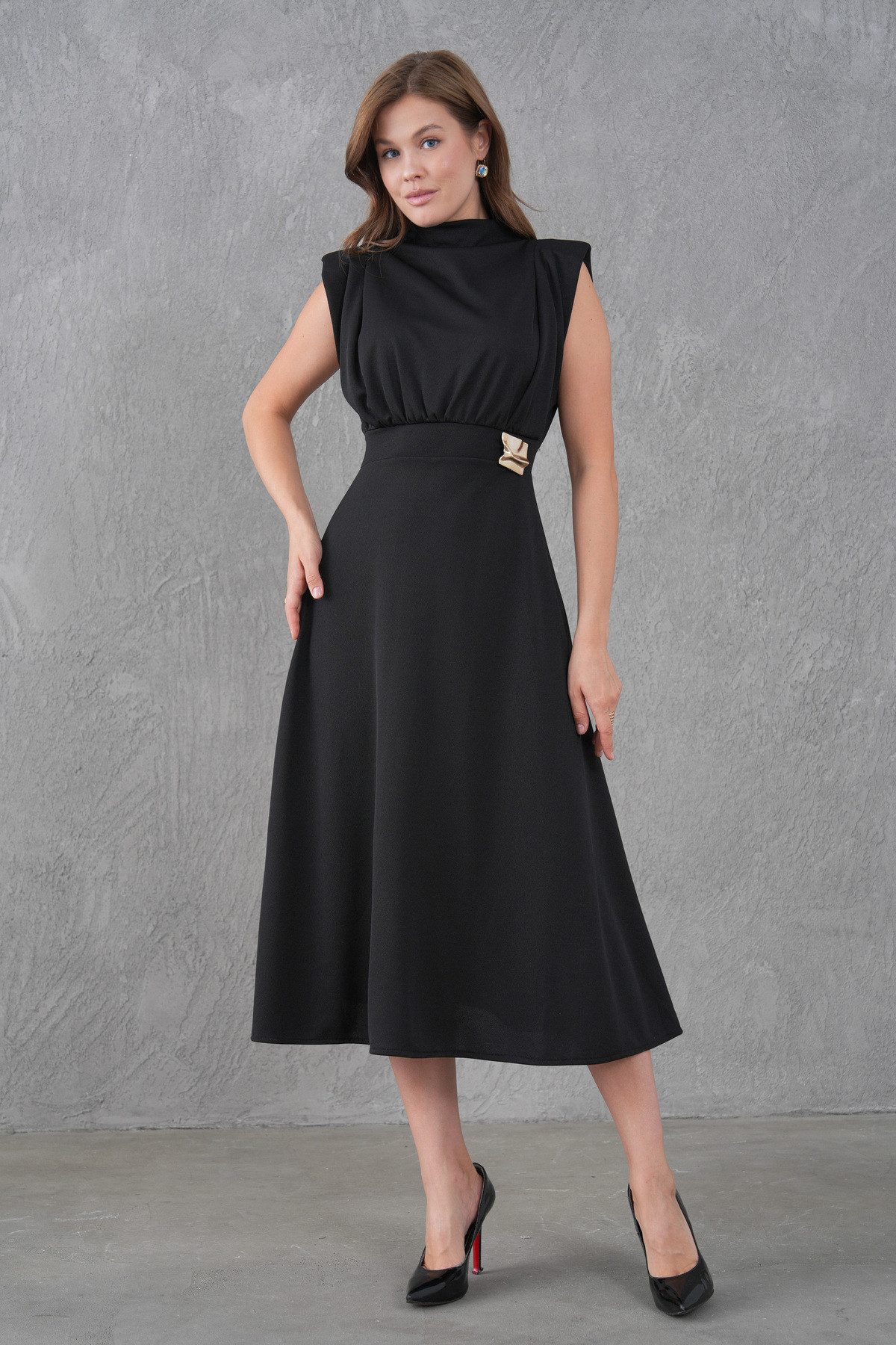 WOMAN VISION Midikleid Schwarzes Crepe-Midi-Kleid mit Gürtel