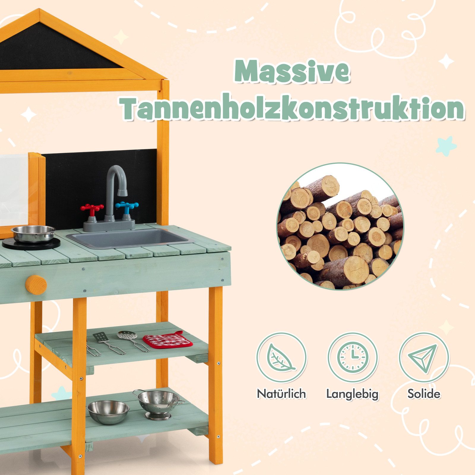 KOMFOTTEU Outdoor-Spielküche, Spielküche aus Holz mit 2 Tafeln, Pflanzbehälter