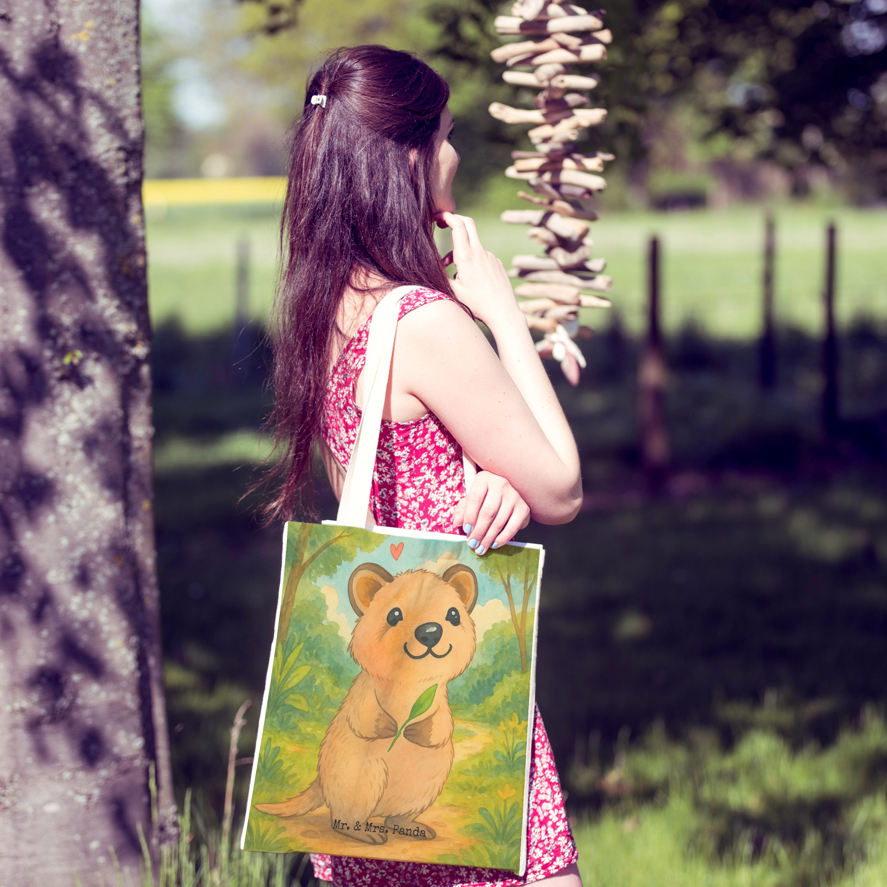 Mr. & Mrs. Panda Tragetasche Quokka Happy Design, Tote Bag, Weiß, Beuteltasche, Verschieben, Dinge (Packung), stoffshopper Stofftragetasche Shoppingtasche