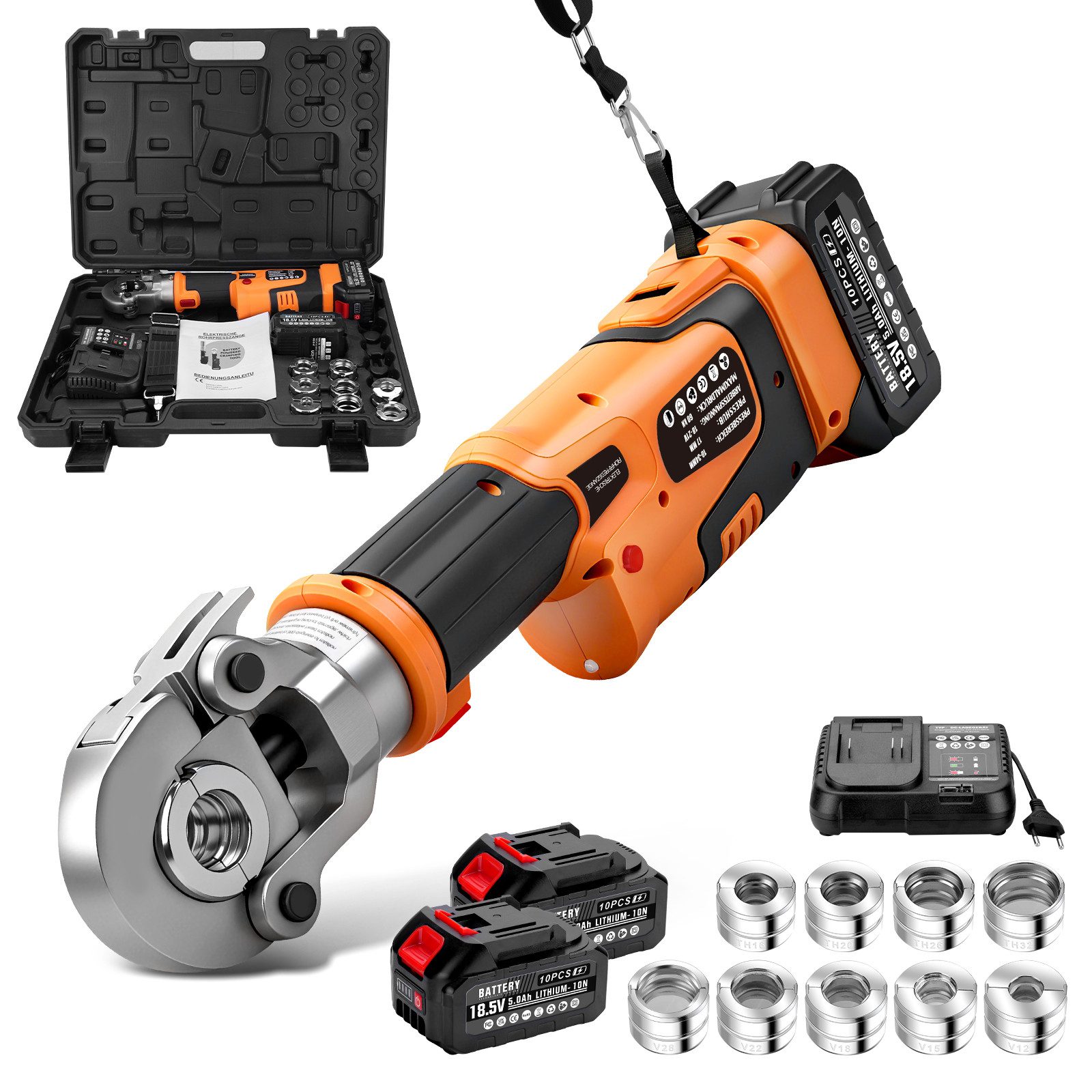 XERSEK Presszange Crimpzange Akku Presszange V-Kontur TH-Kontur Hilfsgurt LCD-Display, 2x5000mAh Akkus, ‌Ein-Mann-Bedienung, Automatische Druckentlastung, Geeignet für Kupferrohre, Edelstahlrohre und Verbundrohr