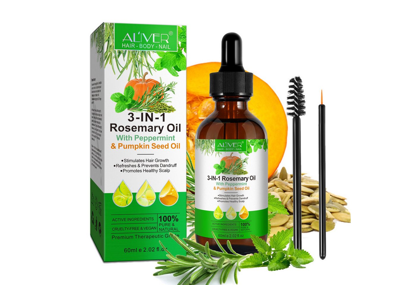 ALIVER Haaröl 3-in-1 Rosmarinöl Ätherisches Pfefferminzöl Kürbiskernöl, 1-tlg., 3-in-1-Rosmarinöl mit Pfefferminzöl und Kürbiskernöl 60 ml