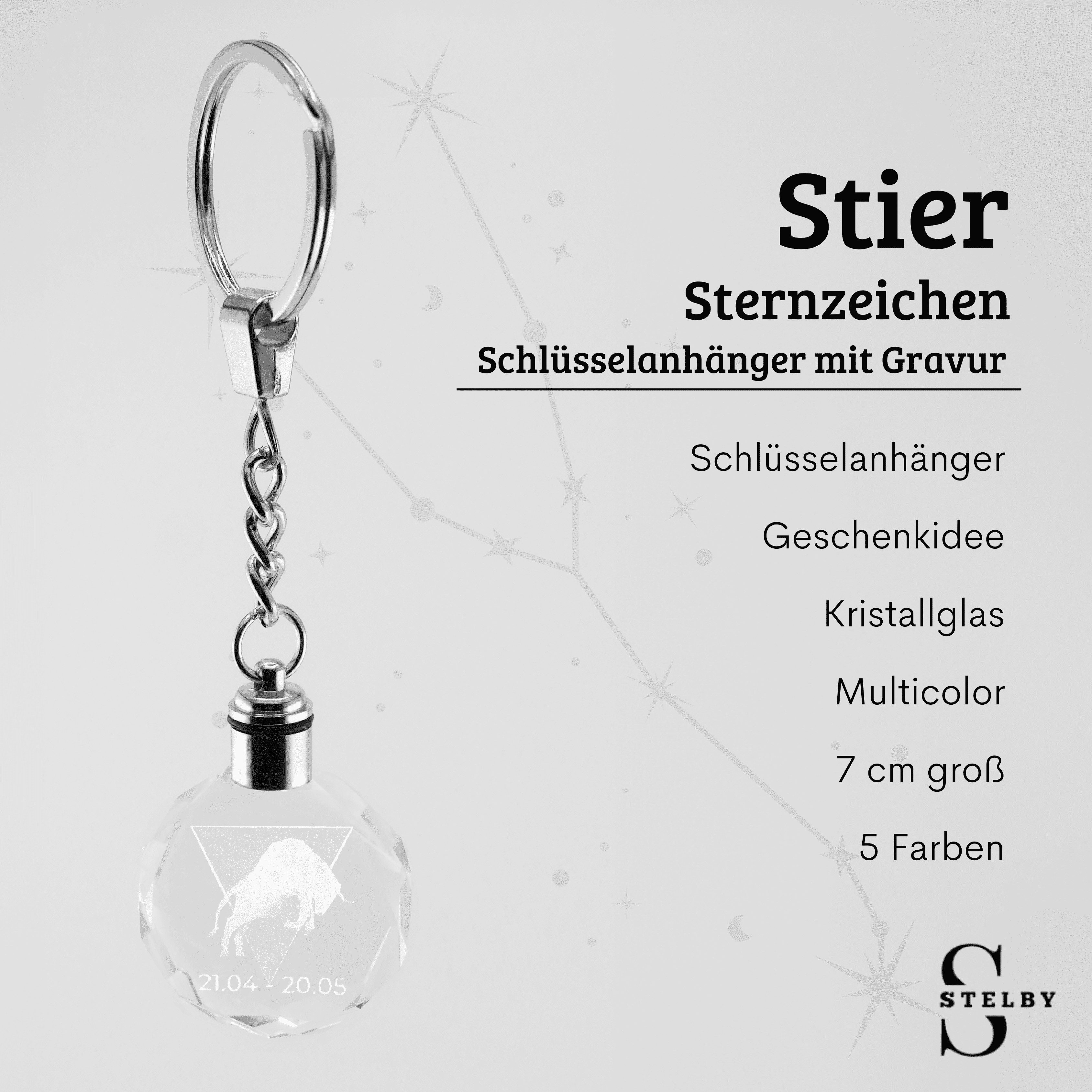 Stelby Schlüsselanhänger mit Gravur Schlüsselanhänger LED Sternzeichen aus Glas mit Farbwechsel (inkl. Geschenkbox), Farbwechsel, transparent, modernes Design