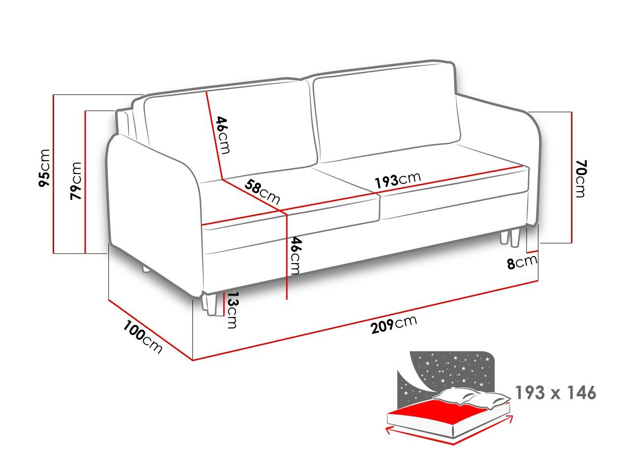 Dauerschläfer-Sofa Mono Schlafcouch, Sitzer Gaja, 247 Schlafsofa mit MIRJAN24 Schlaffunktion und Bettkasten, 3