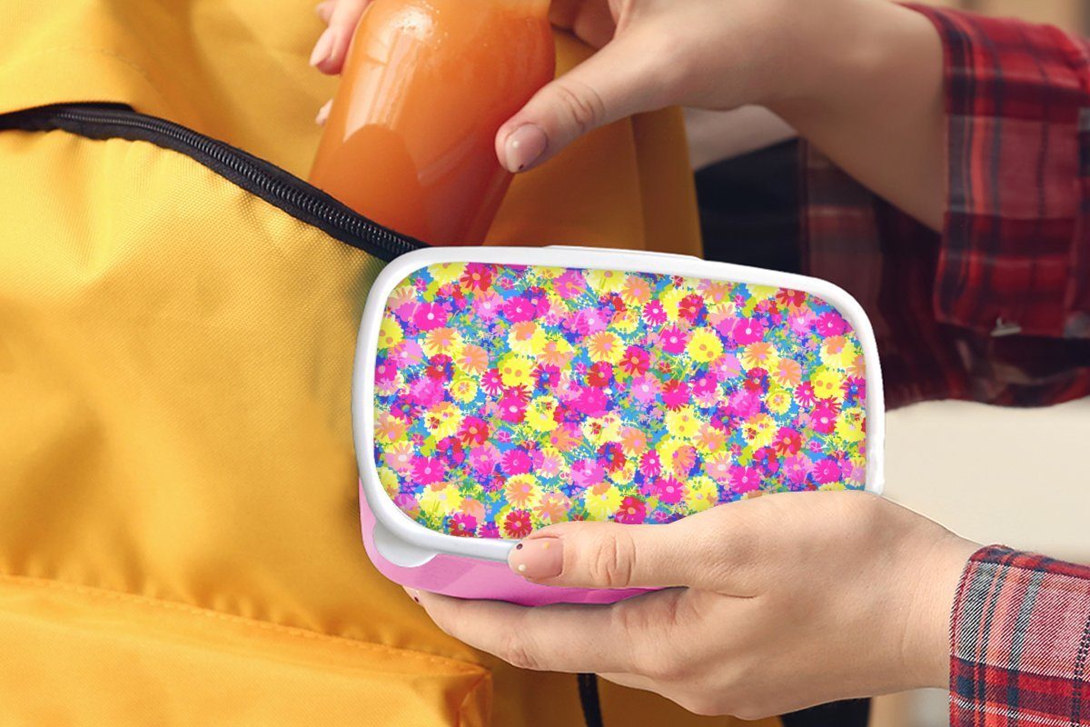 MuchoWow Lunchbox Blüte - Sommer Brotdose Mädchen, - Kunststoff (2-tlg), Erwachsene, Kunststoff, Brotbox Snackbox, - Kinder, für rosa Design, Regenbogen