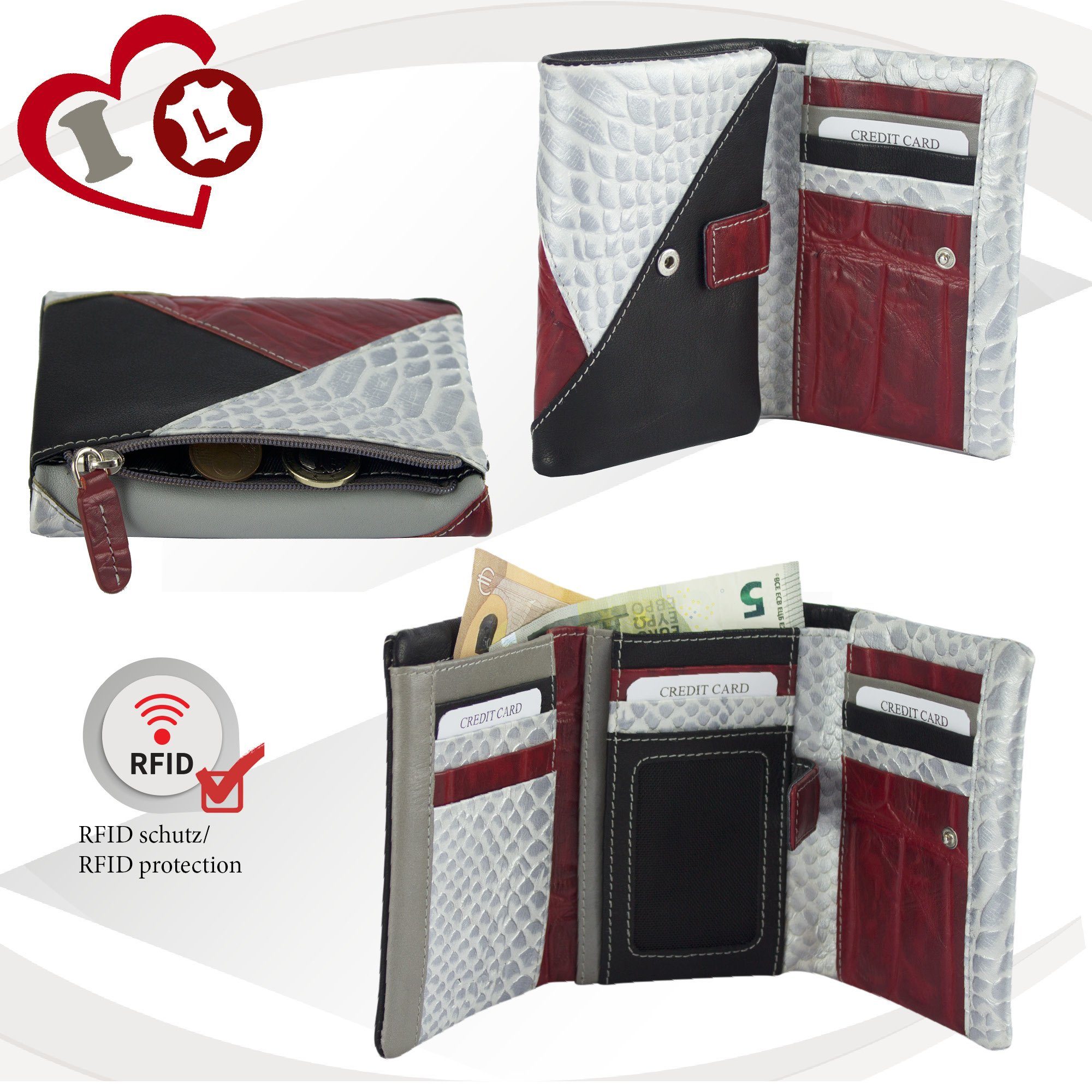 eleganten Design, in Portemonnaie echt Sunsa zeitlos weiß/rot Brieftasche, mit Geldbörse Leder, Geldbeutel RFID-Schutz, Leder