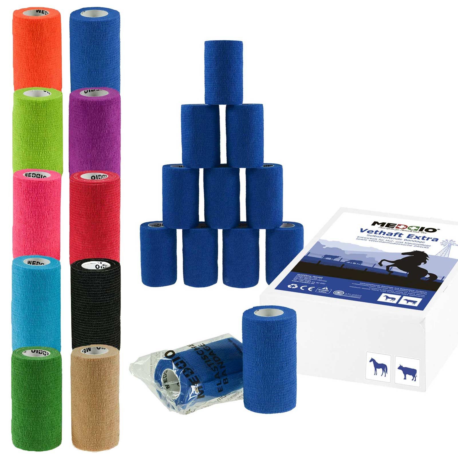 meDDio Bandage 12 x Vethaft Extra selbsthaftende Bandage f. Huf- und Klauenpfleger, Farbmix