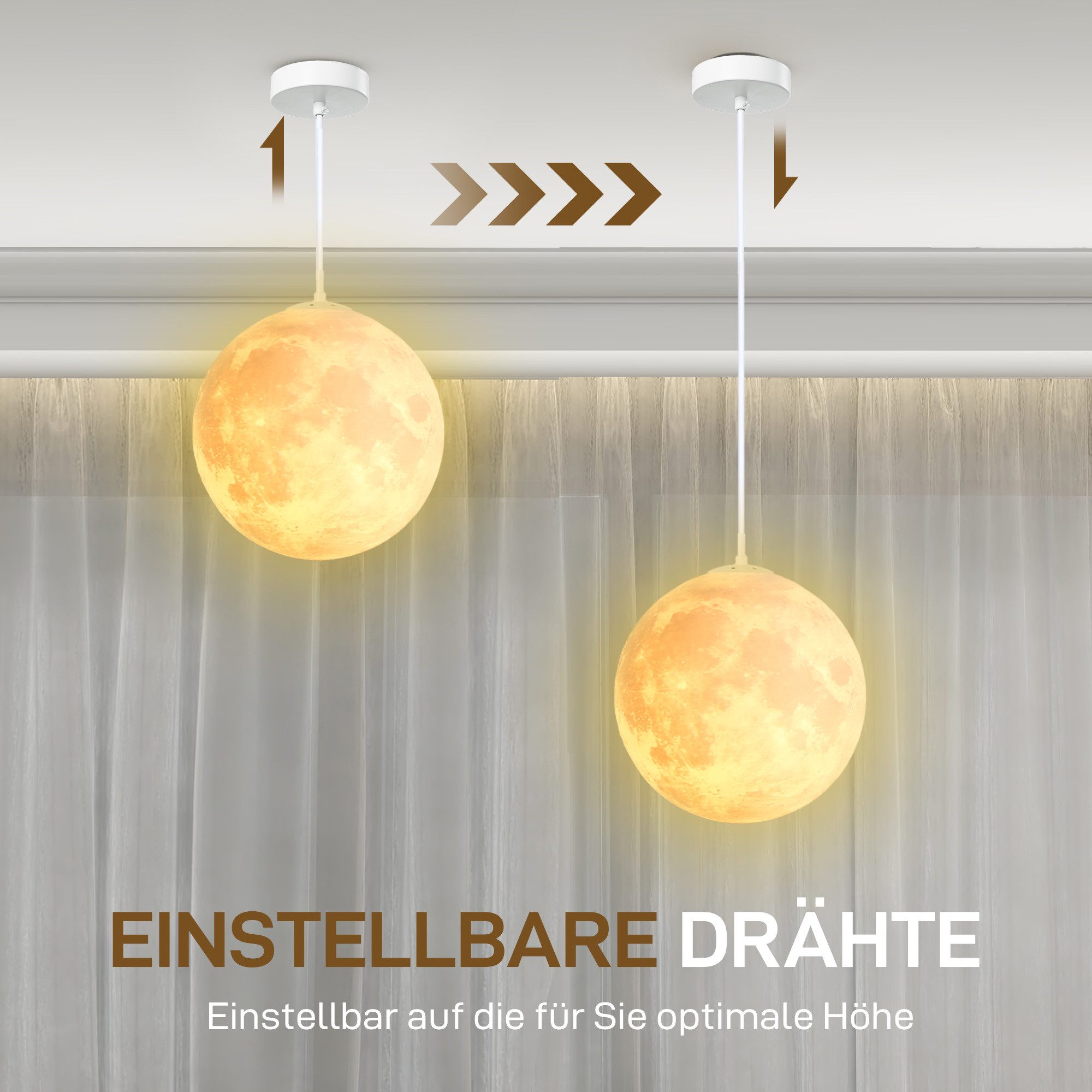 HOMCOM Pendelleuchte 3D Mondlampe mit APP Steuerung, Intelligente LED-Glühbirne, Deckenlampe mit CCT und RGB Farbwechsel