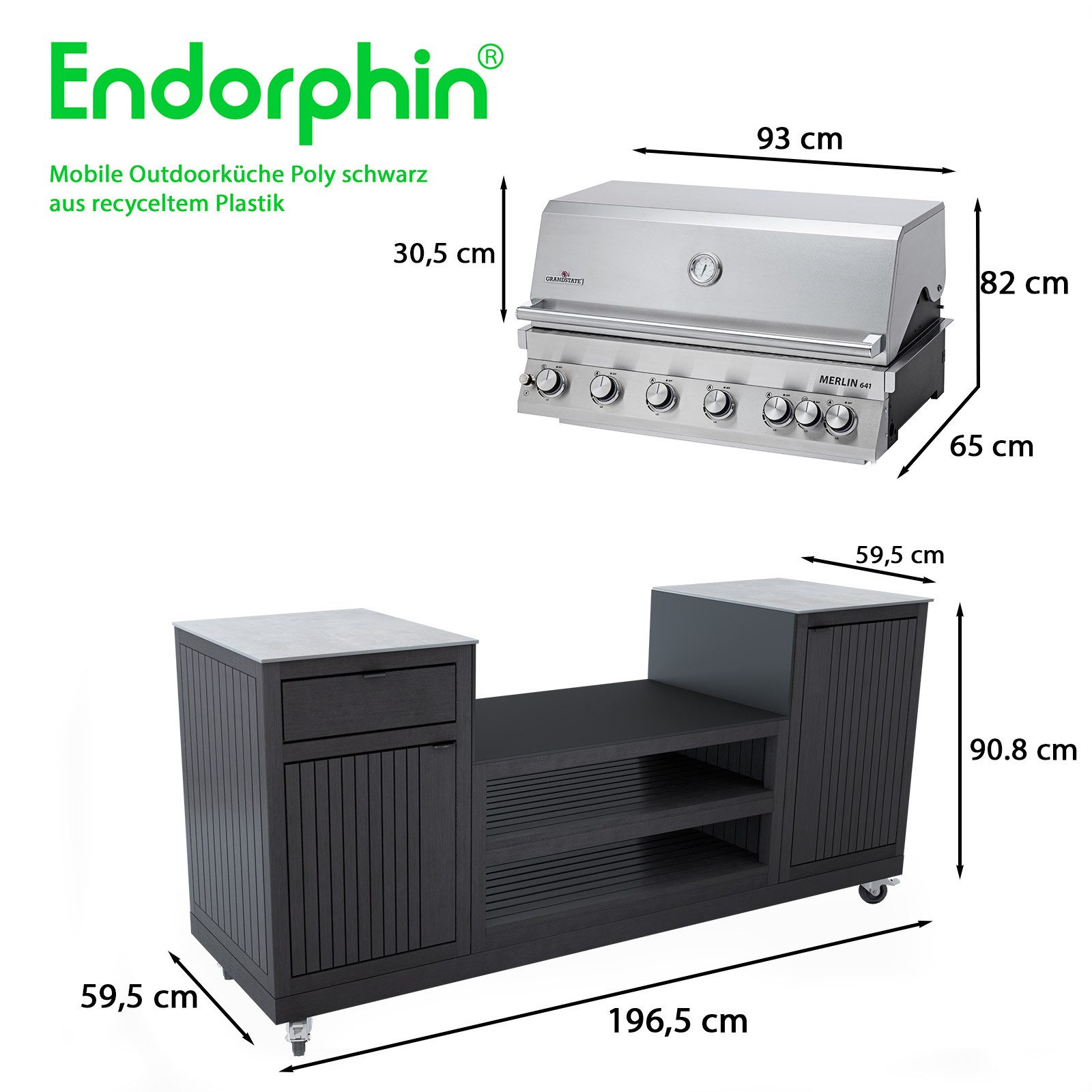 Endorphin Outdoor-Küche Poly Outdoorküche schwarz, inkl Merlin 641 Gasgrill, silber