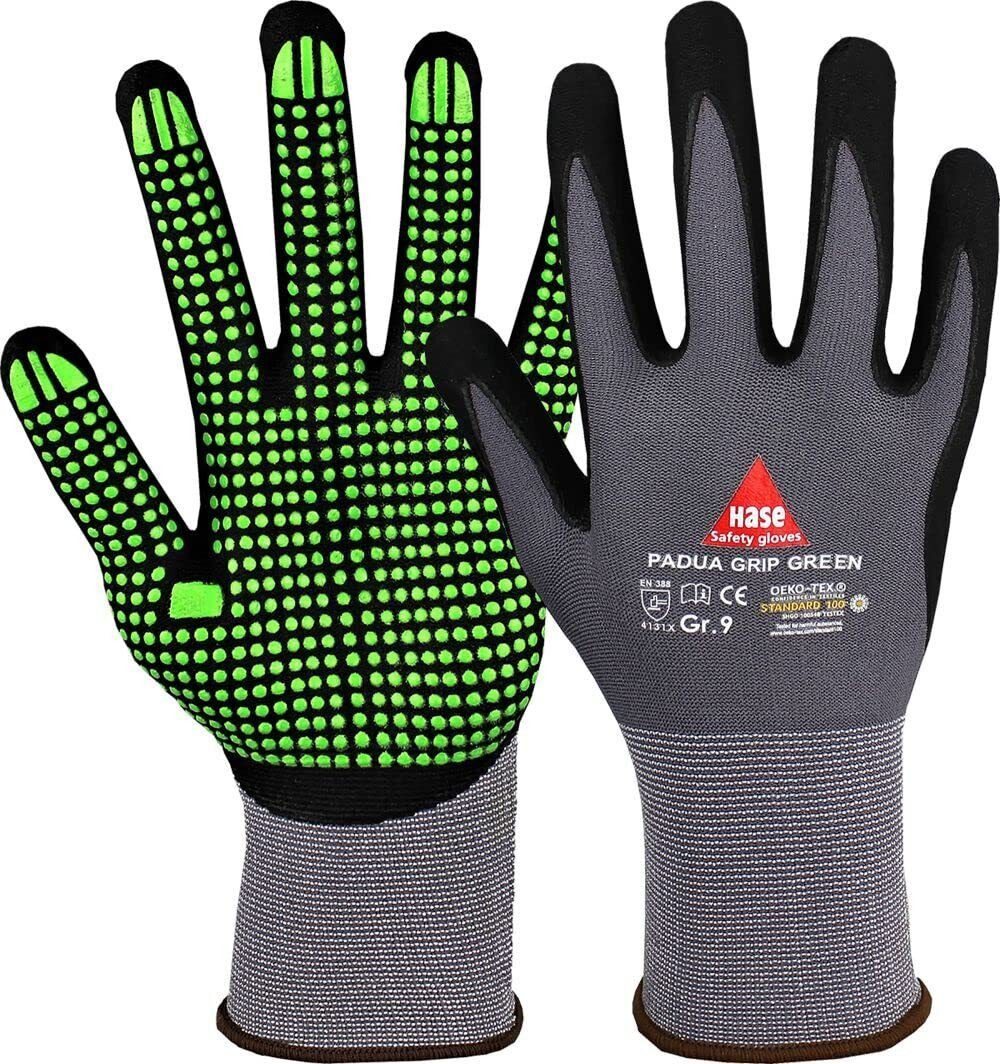 Hase Safety Gloves Arbeitshandschuhe Padua Grip green Montagehandschuh Nylonfeinstrick Nitrilschaum 508150G (Packung, 100-St., VPE= 10-100 Paar, Gr 6-11) Noppen/Nitrilschaum