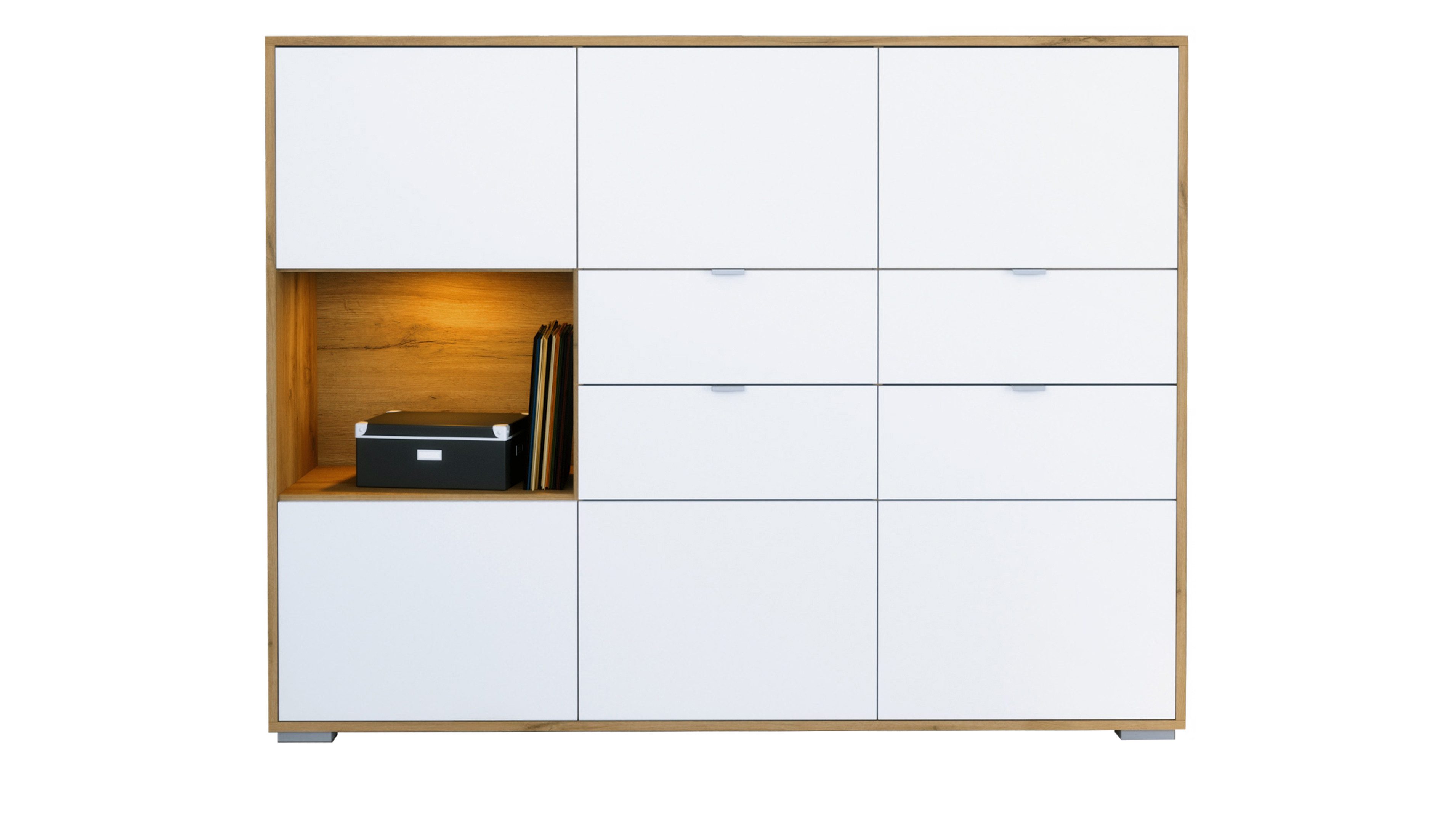 Vladon Highboard Milano (Highboard mit 6 Türen Weiß matt, 4 Schubladen Weiß matt, inkl. LED,Made in Germany), Korpus Eiche Evoke (152,5 x 118 x 37 cm)