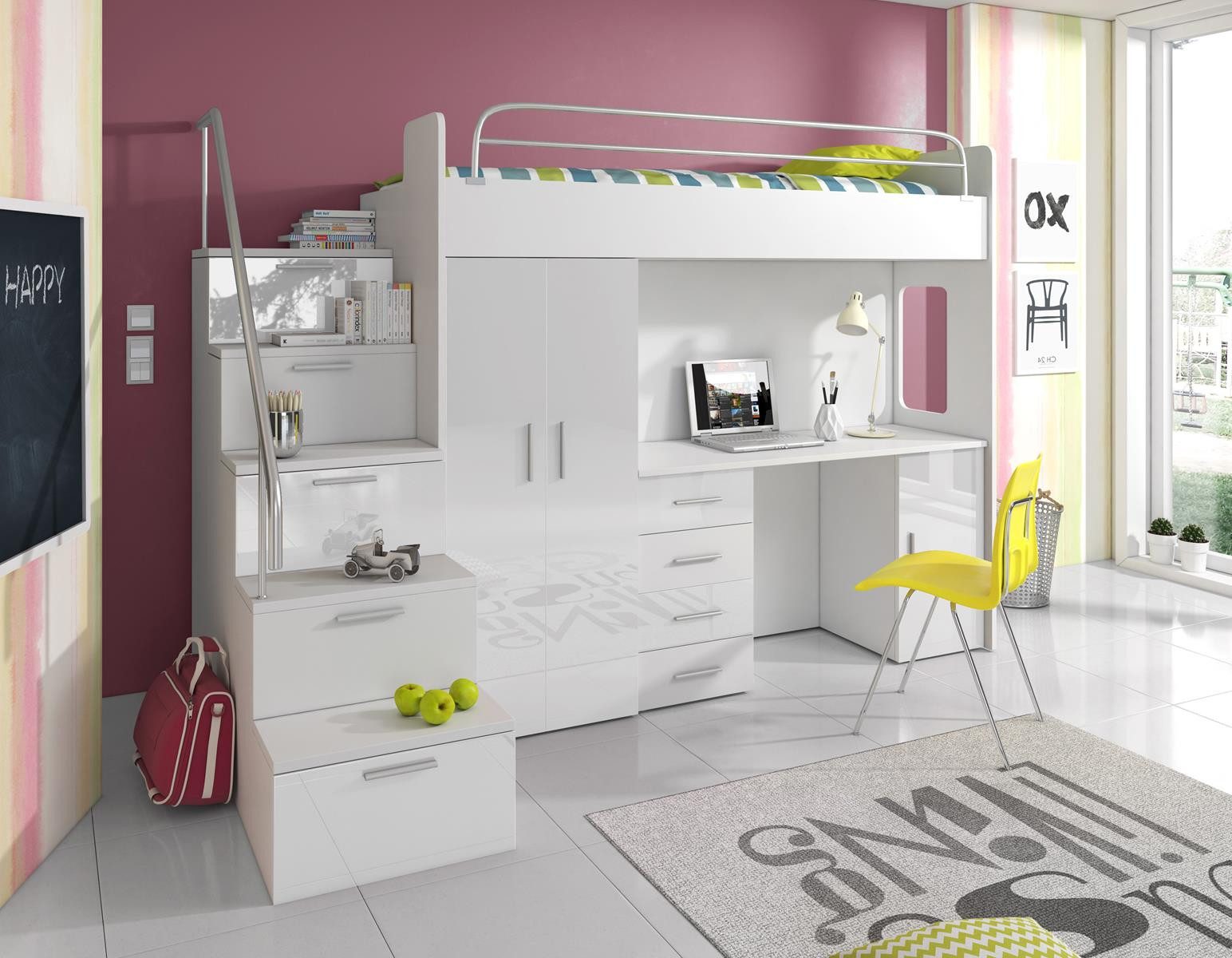 Compleo Jugendbett Etagenbett mit Schreibtisch und Treppe, Schrank und Schreibtisch MOES, für Jungen und Mädchen, Hochbett