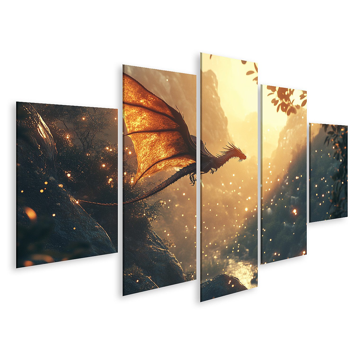 islandburner Leinwandbild Goldener und schwarzer Drache über Bergen