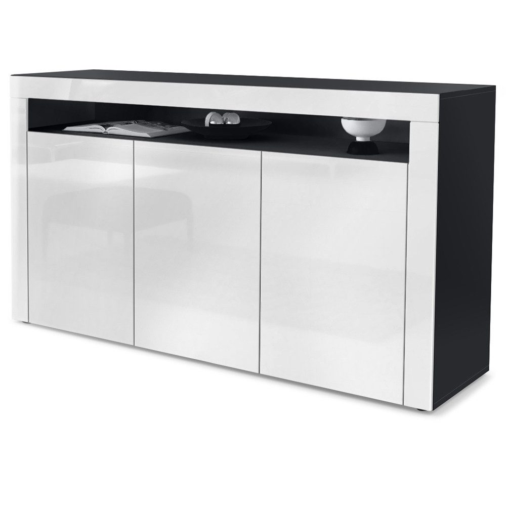 Vladon Sideboard Valencia (Sideboard, mit 3 Двері und 1 offenem Fach), Schwarz matt/Weiß Hochglanz/Weiß Hochglanz (155 x 92 x 40 cm)