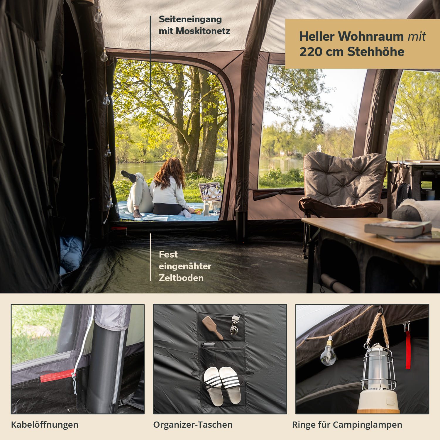 Skandika Tunnelzelt Timola 6 Air Sleeper Protect XL Plus, 2 schwarze Schlafkabinen, Personen: 6, aufblasbares Zelt für 6 Mann, 4000 mm Wassersäule, 220 cm Stehhöhe