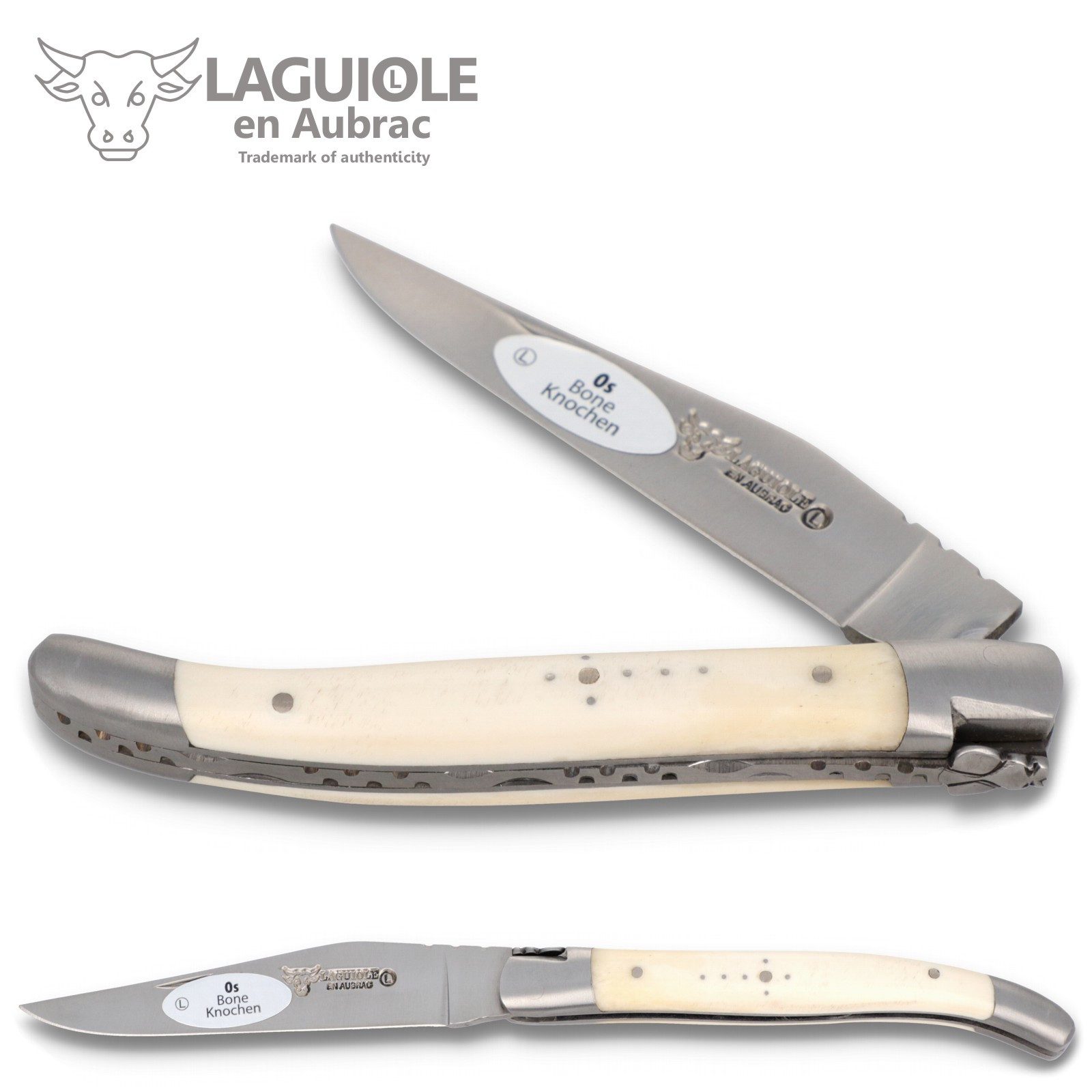 Laguiole en Aubrac Taschenmesser L0211OSIF, Griff 11cm Knochen - Feder verziert - Klinge Backen Stahl satiniert
