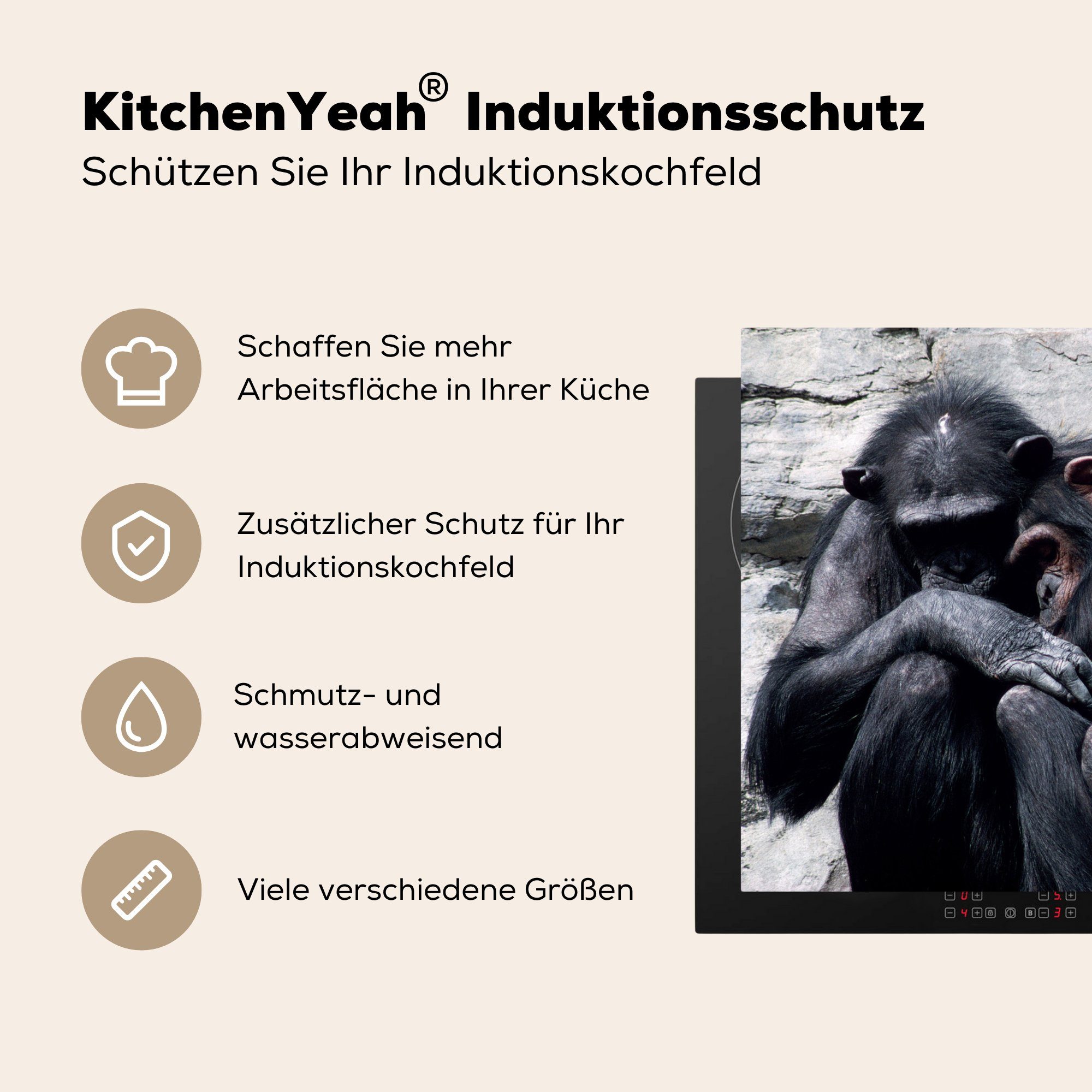 Tiere, küche für Arbeitsplatte Stofftier 78x78 - Ceranfeldabdeckung, (1 tlg), Schimpanse Herdblende-/Abdeckplatte - Vinyl, cm, MuchoWow