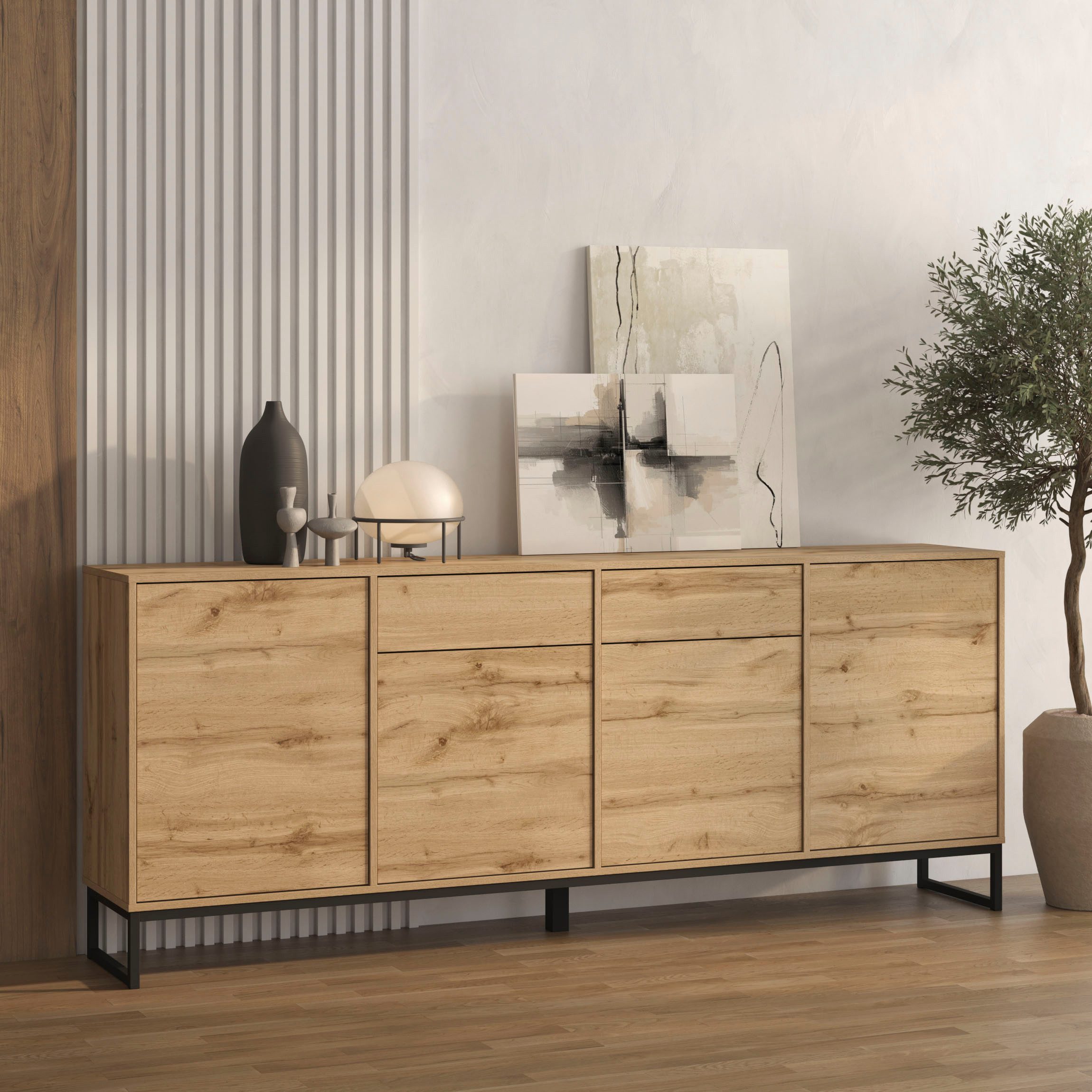 OTTO home Sideboard Loft, Breite 208,5 cm, grifflose Kommode 4 Türen/2 Schubkästen., Schubladenschrank mit viel Stauraum, Einlegeböden verstellbar