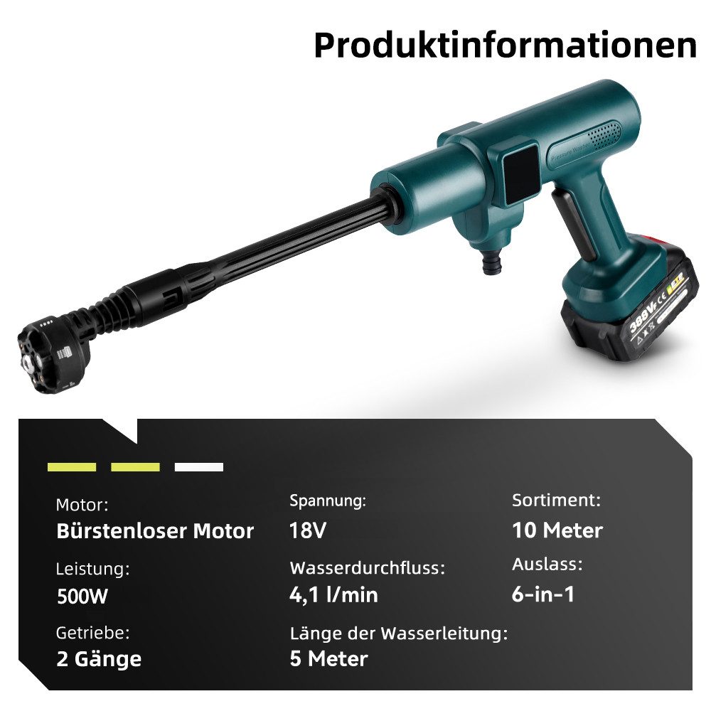 Yofidra Akku-Hochdruckreiniger 70 Bar Bürstenlose Tragbarer Hochdruckreiniger, mit 2 x Akkus & 6-in-1 Düse, für die Garten, Balkon, Auto, Bewässerung