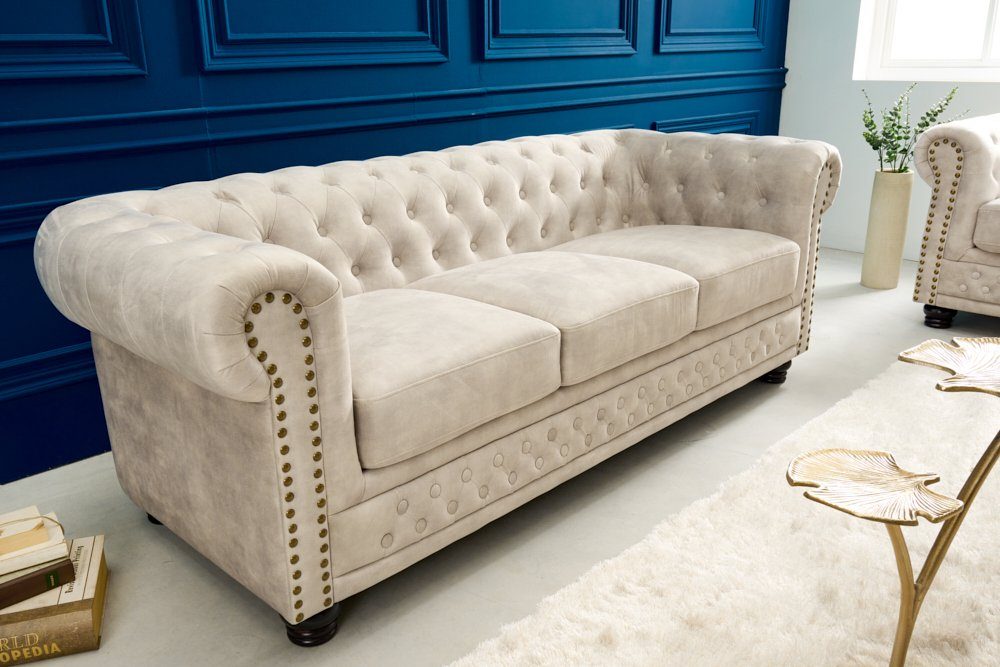 riess-ambiente Sofa CHESTERFIELD 200cm champagner / dunkelbraun, 1 Teile, Wohnzimmer · Samt · 3-Sitzer · mit Armlehne · Federkern