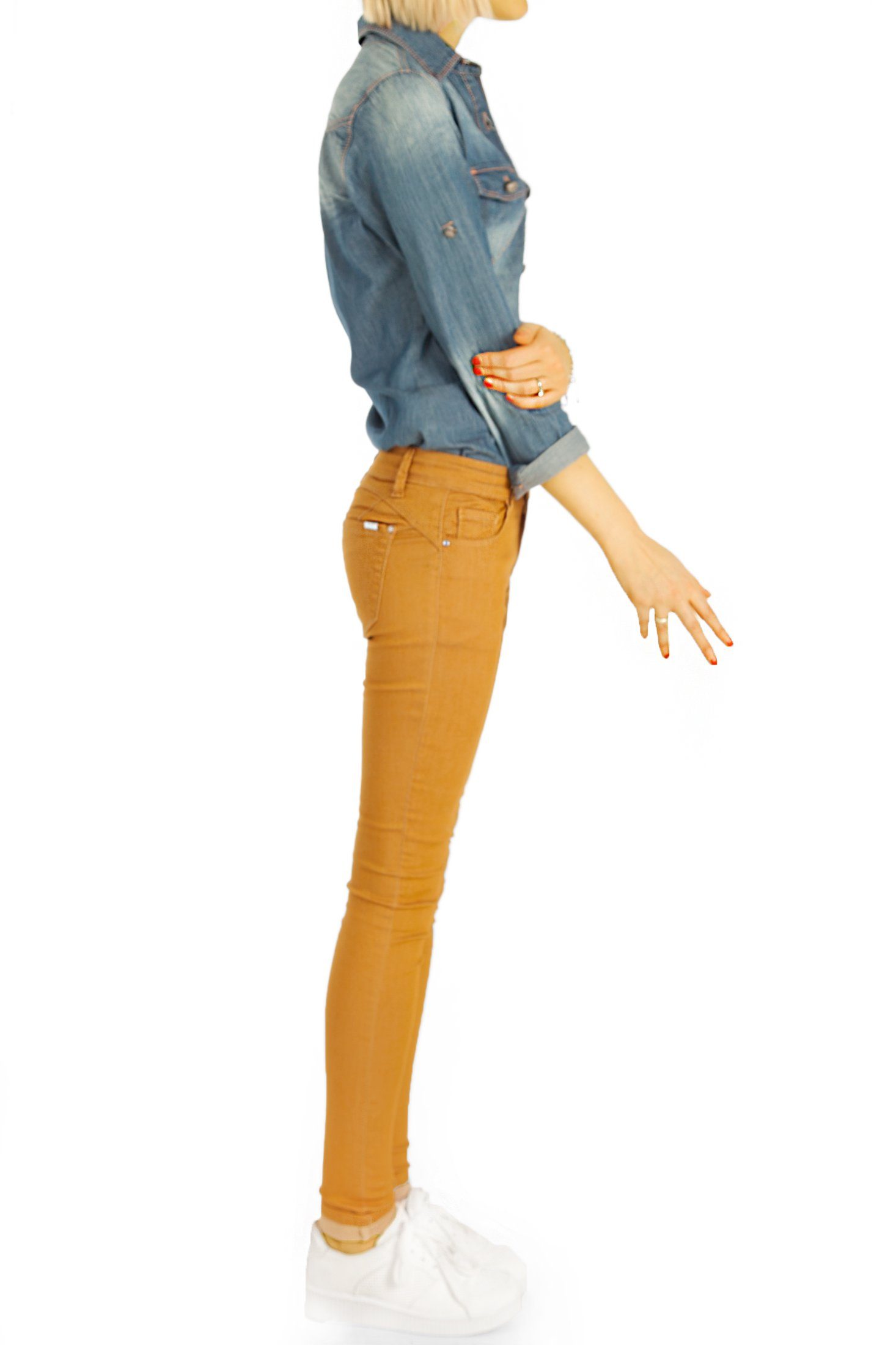 be styled Skinny-fit-Jeans Super j18i-2 low Hüftjeans Skinny Skinny Hose hellbraun waist, niedrige niedrige - mit Leibhöhe, Bundhöhe hüftig, 5-Pocket-Style, Stretch-Anteil, - Strecht Passform