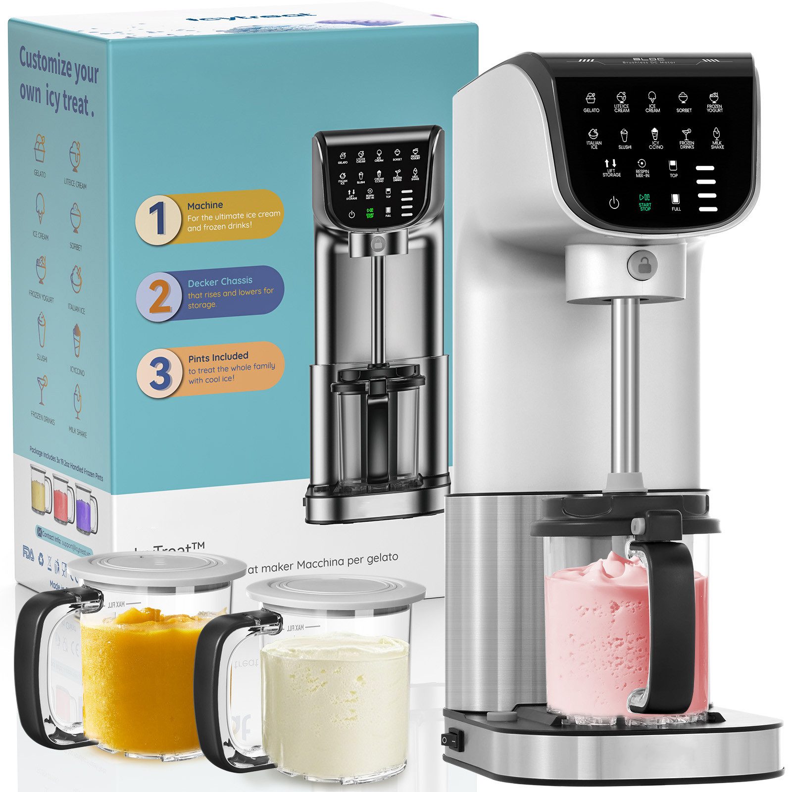 Boifun Eismaschine 12-in-1 Profi-Eiskreationen & perfekte Cremigkeit auf Knopfdruck, 1,5 l, 500 W, inklusive Rezeptheft + Messlöffel, 12 One-Touch-Programme
