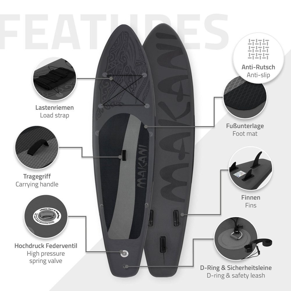 ECD Germany SUP-Board Stand Up Paddle Board aus PVC Paddelboard Paddling Board, Stand-Up Paddle-Board, SUP Board 320x80x15 cm 120 kg Traglast rutschfest schwarz inkl Zubehör