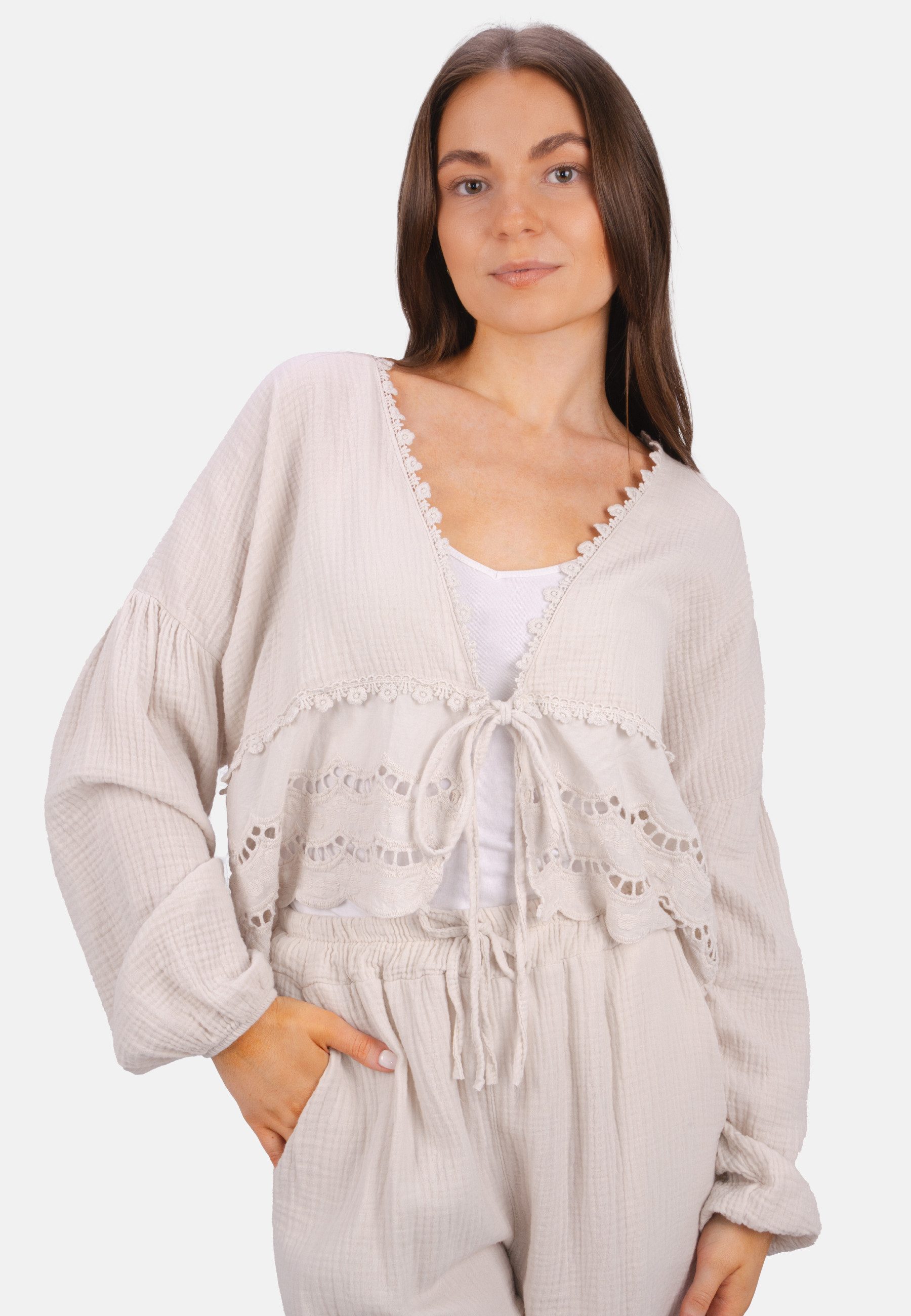 Seasons of April Shirtbluse LAURA MUSSELIN Musselin Bluse mit Spitze & Bindeband – im Boho Stil Frühling/Sommer