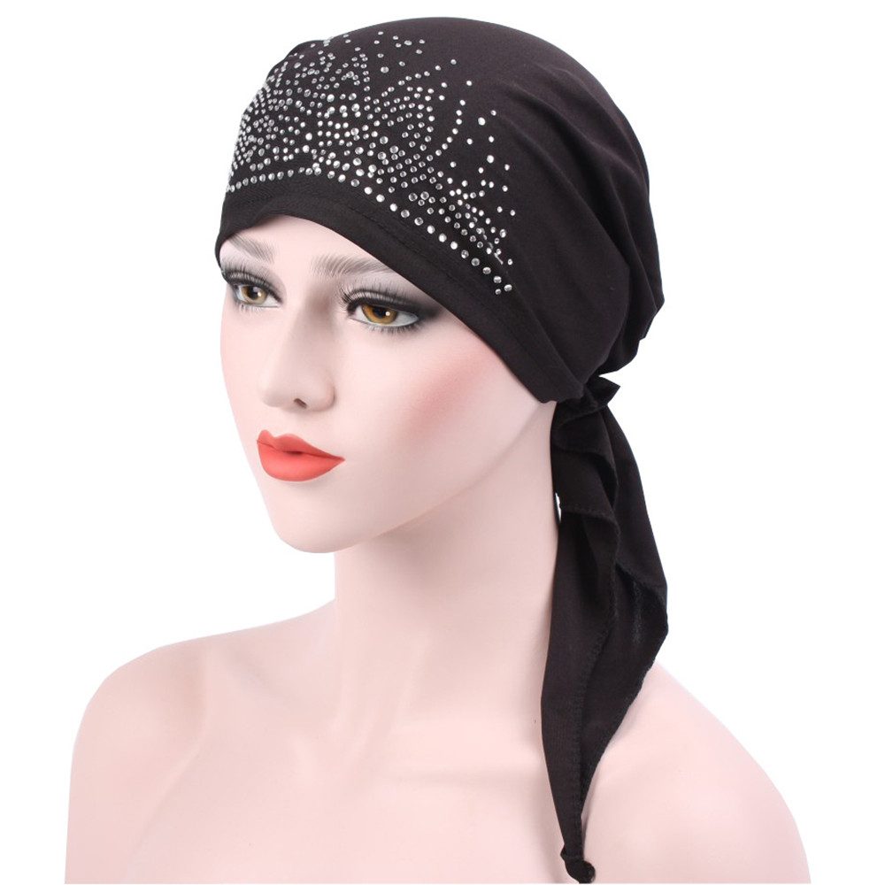 nsihing Haarband Strass Falten Bandana Damen dehnbare Beanie-Mütze Turban-Cap, Elastisches Slouch Skull-Cap Ethnischer Kopfwickel