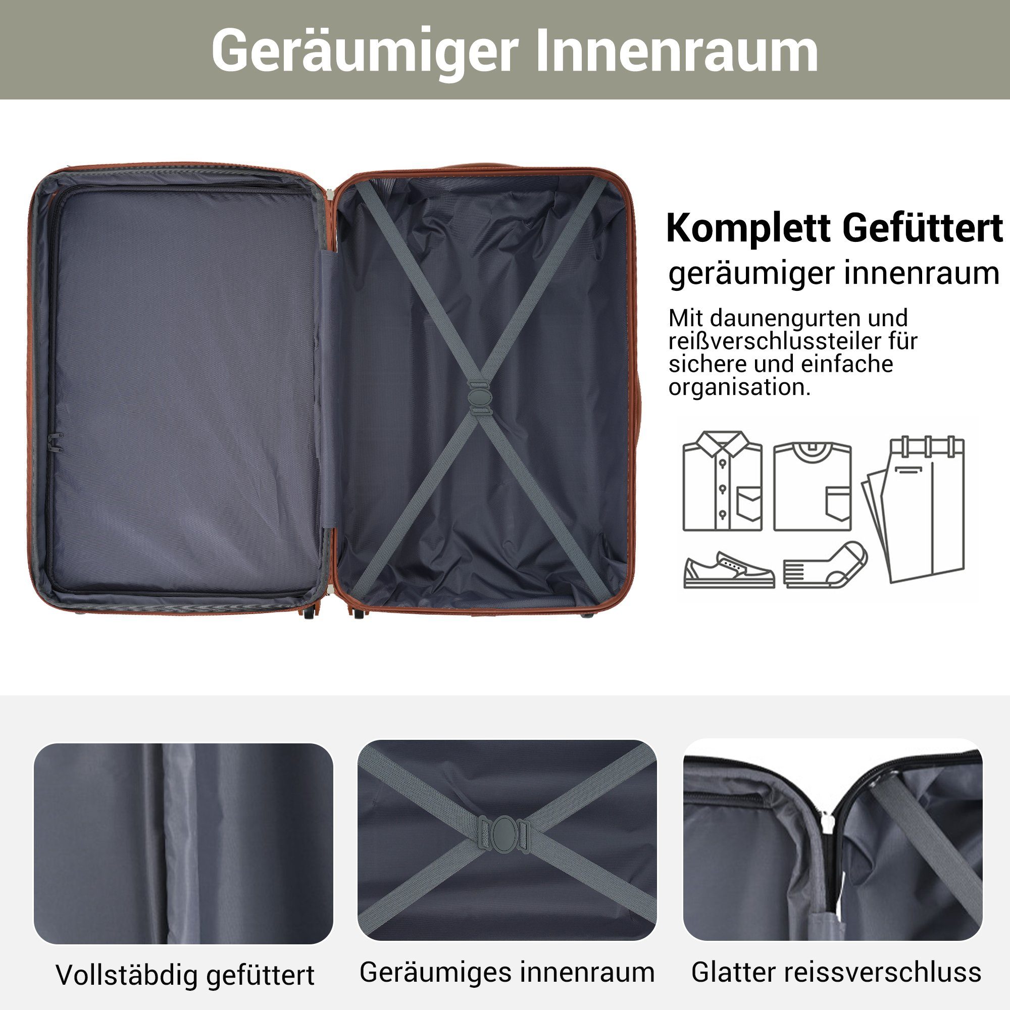 Grün-Braun Reisekoffer Hartschalentrolley (3 tlg), Handgepäck 4 Kofferset Trolleyset, Set Flieks Rollen,