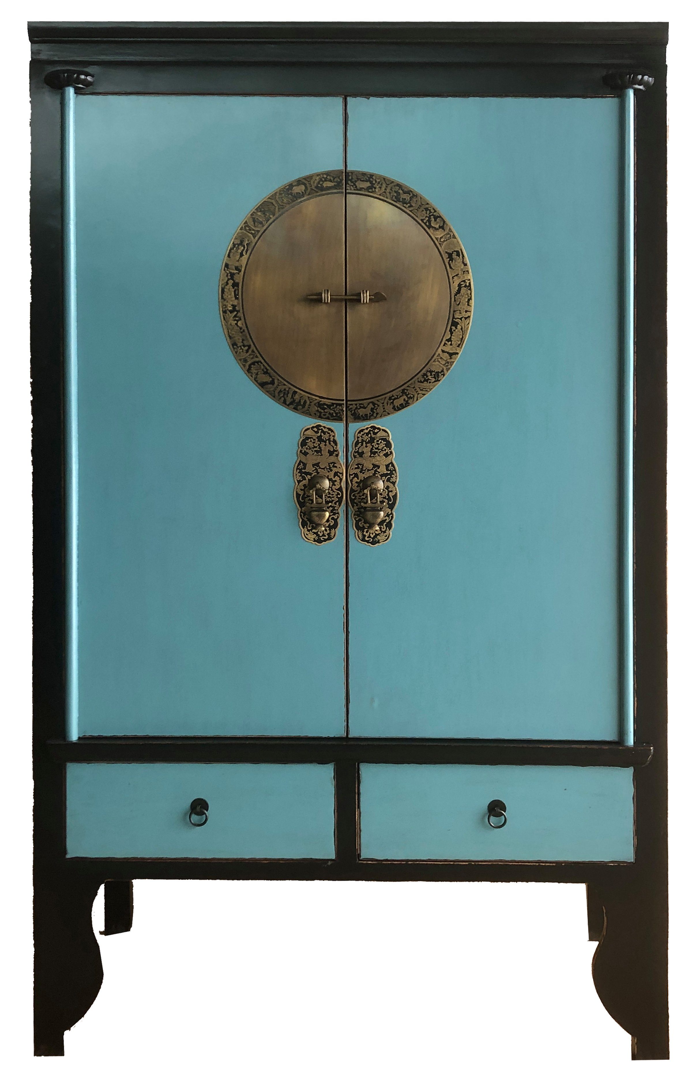 OPIUM OUTLET Kleiderschrank Hochzeitsschrank Schrank Kommode Hochkommode (Vintage-Stil Landhaus Shabby-Chic Antik-Stil, Asia Möbel komplett montiert, Hochschrank chinesisch asiatisch orientalisch) blau-schwarz; Breite 105 cm; Höhe 175 cm; Tiefe 55 cm