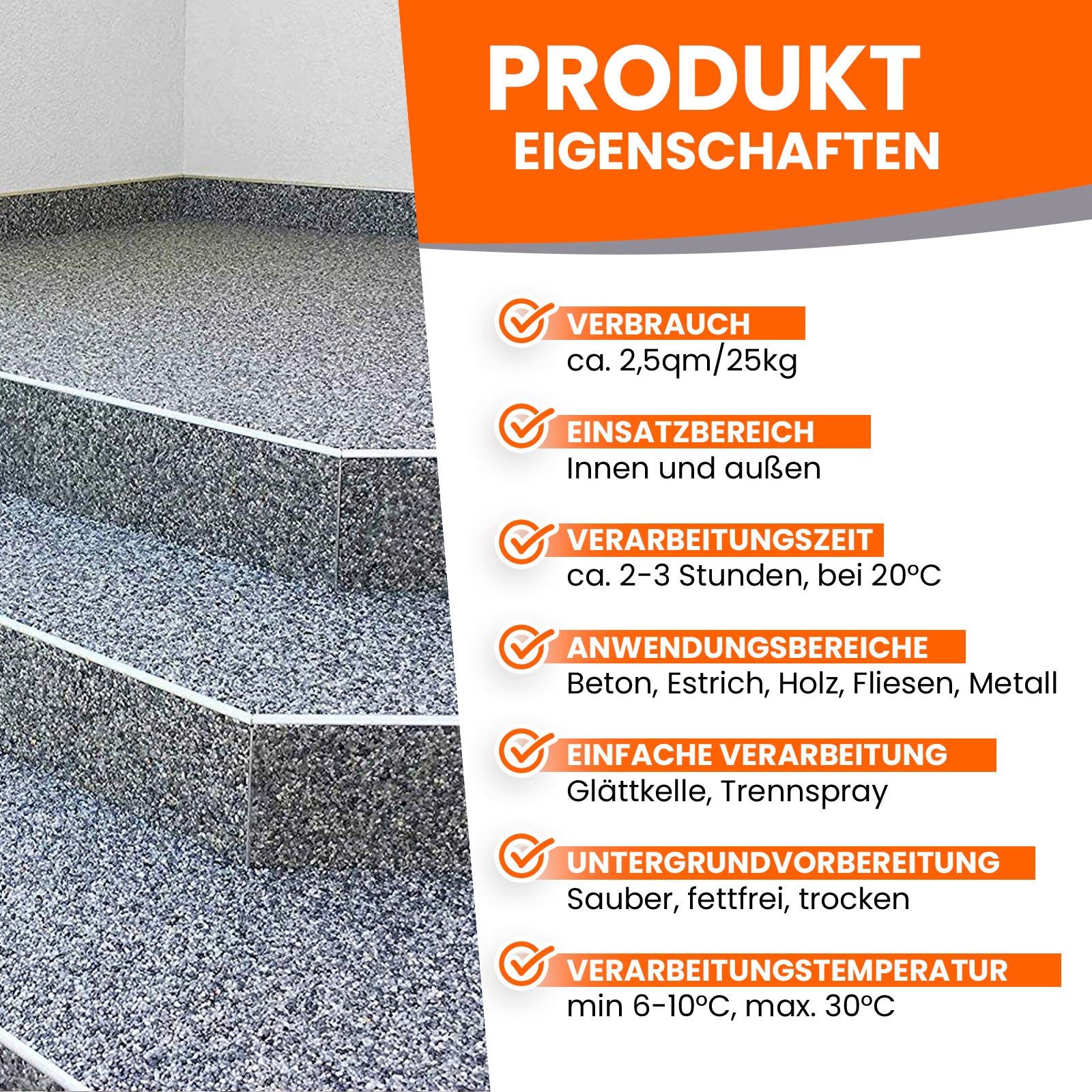 BEKATEQ Kieselsteine BK-610PU Steinteppich Set für Wand, (Set, 3kg 1K PU Bindemittel + 25kg Marmorkiesel + 400ml Trennspray), Steinteppich Set für Wand, Treppe Setzstufe, Sockel aussen & innen