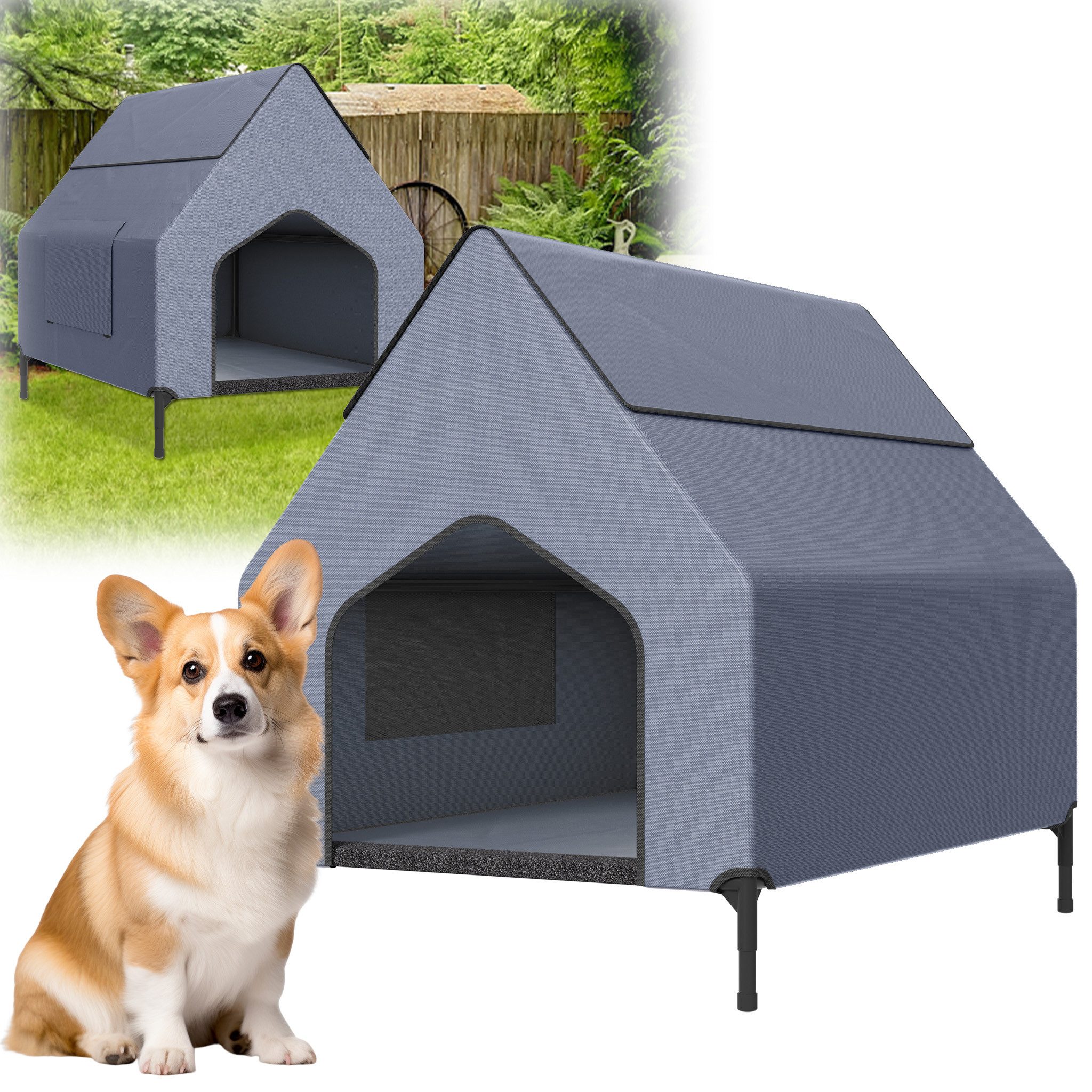 FIVMEN Hundebett mit Baldachin Hundeliege Hundehütte im Hausform, Oxford-Material Stahlrahmen Hundekäfig S/M/L