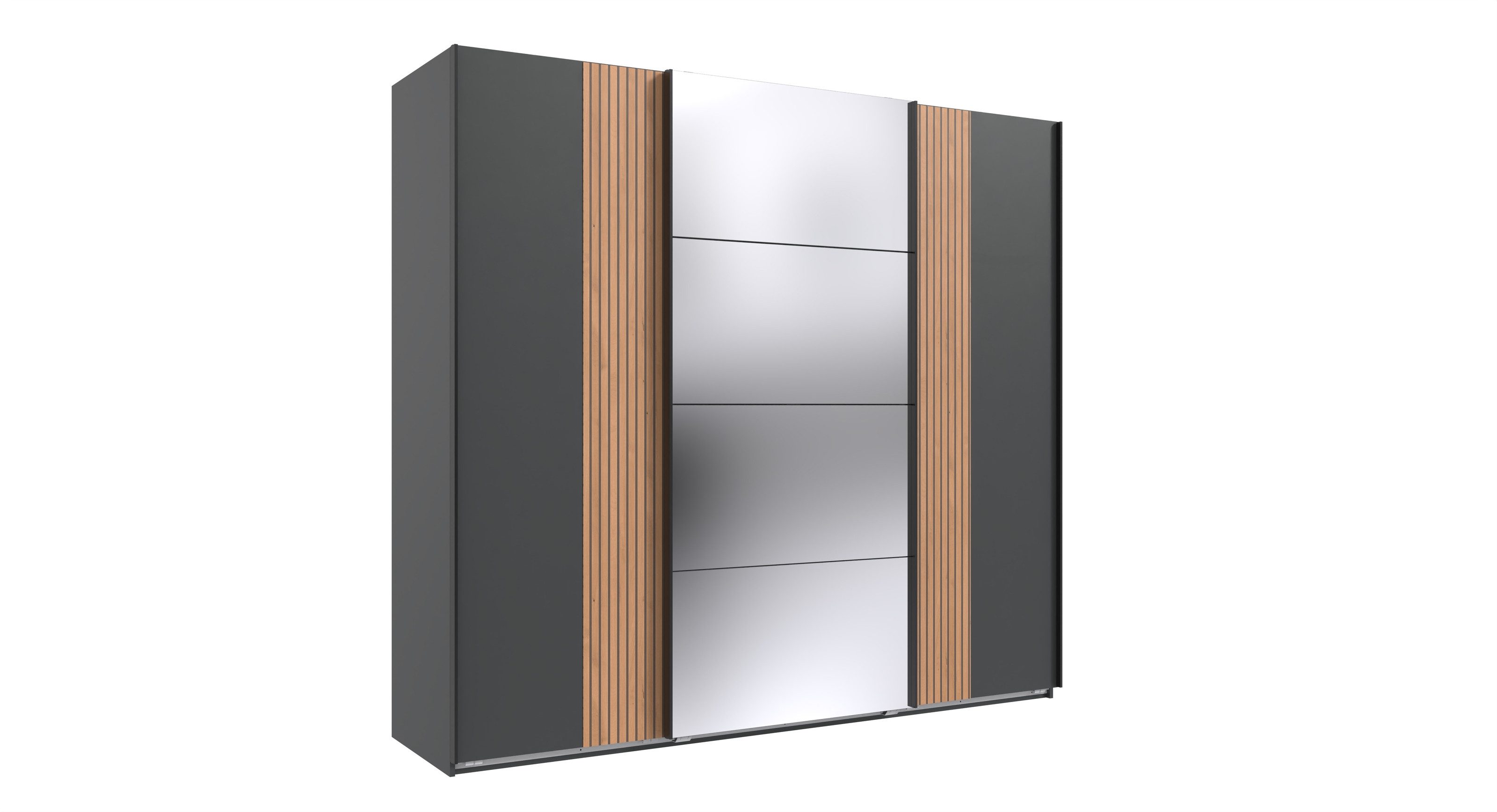 Wimex Schwebetürenschrank Spiegel, Akustiklamelle, Graphit & Artisan Eiche - 225x208x64cm BxHxT