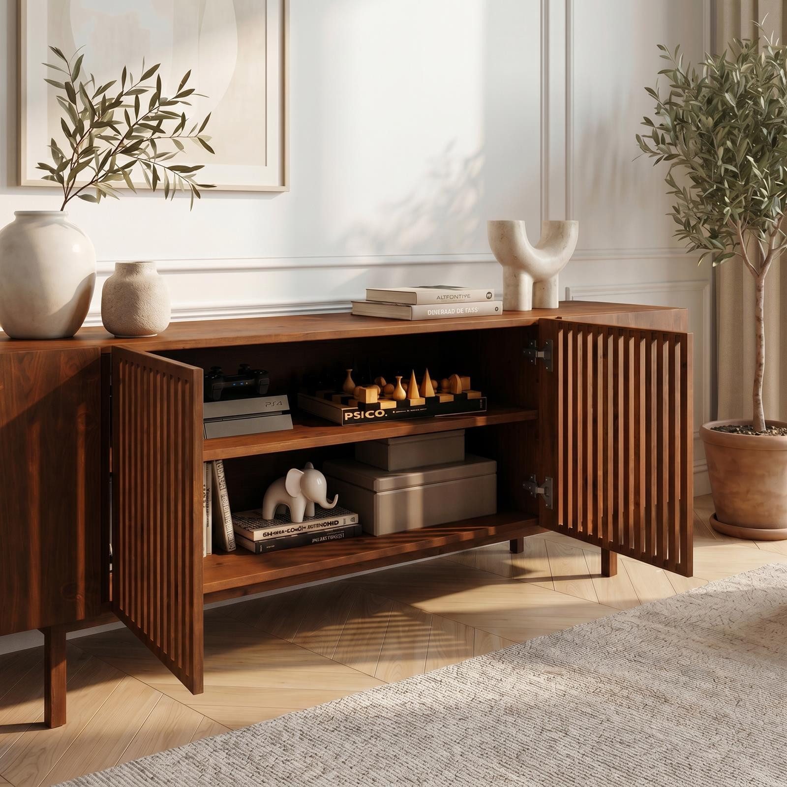 IDIMEX Lowboard LINN, Sideboard 180 cm aus Massivholz mit Lamellentüren Kastanie Finish